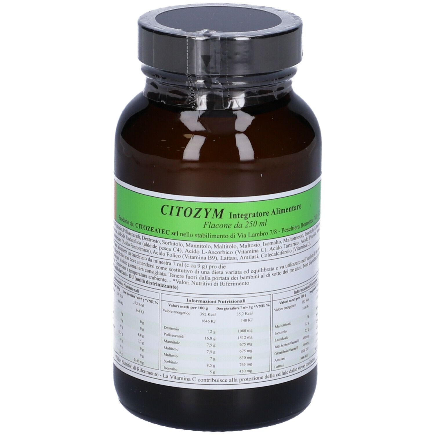 Flacone di vetro marrone con tappo nero. L'etichetta riporta "Citozym Integratore Alimentare".