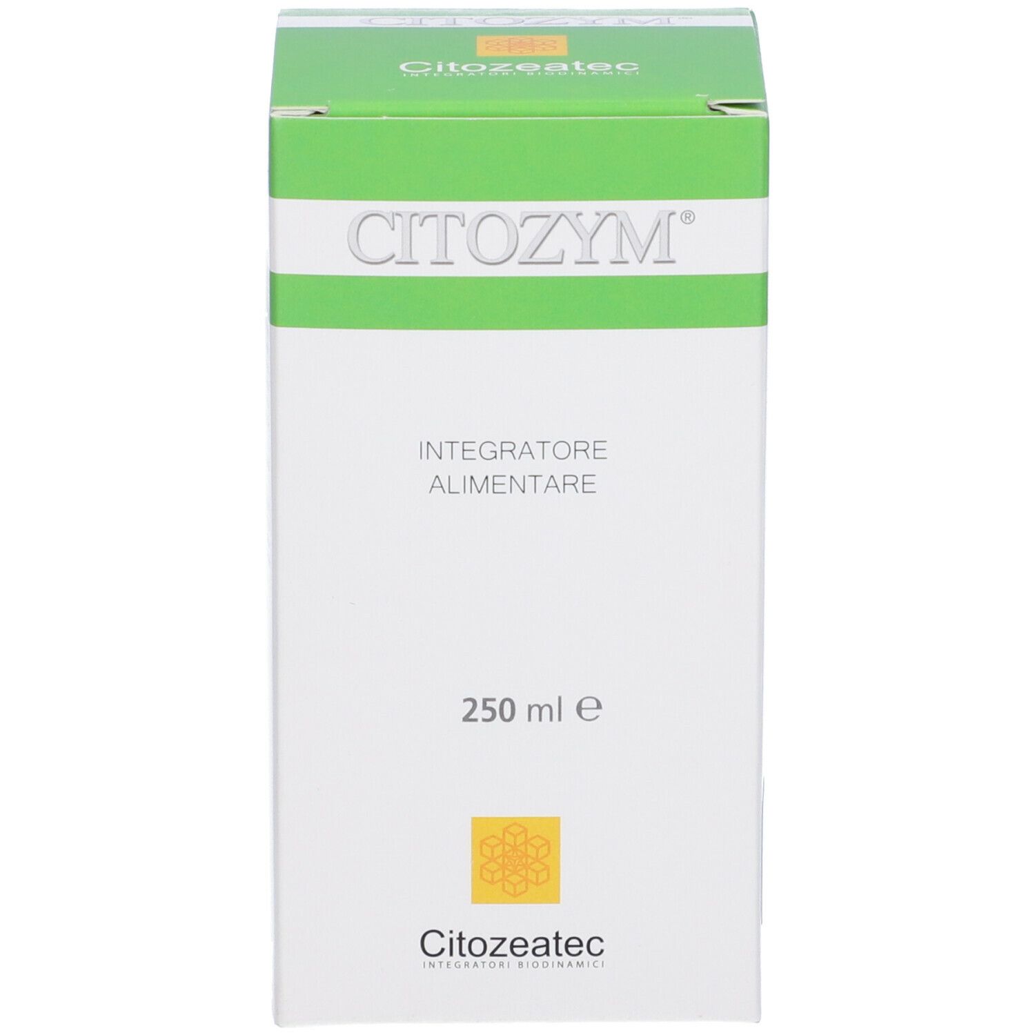 Confezione verde e bianca con "Citozym" e "Integratore Alimentare". 250 ml.