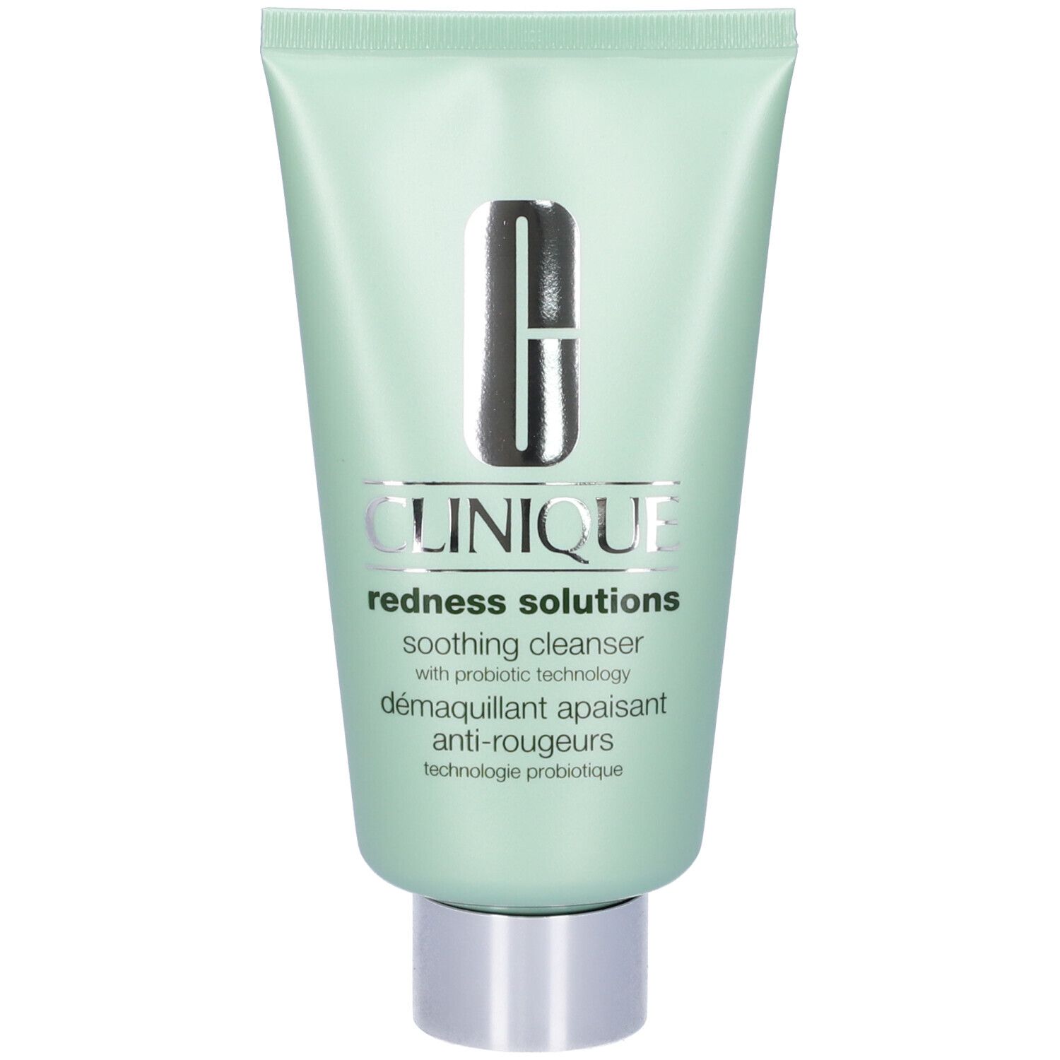 Tubo verde con tappo argentato. Scritta: Clinique Redness Solutions Soothing Cleanser.