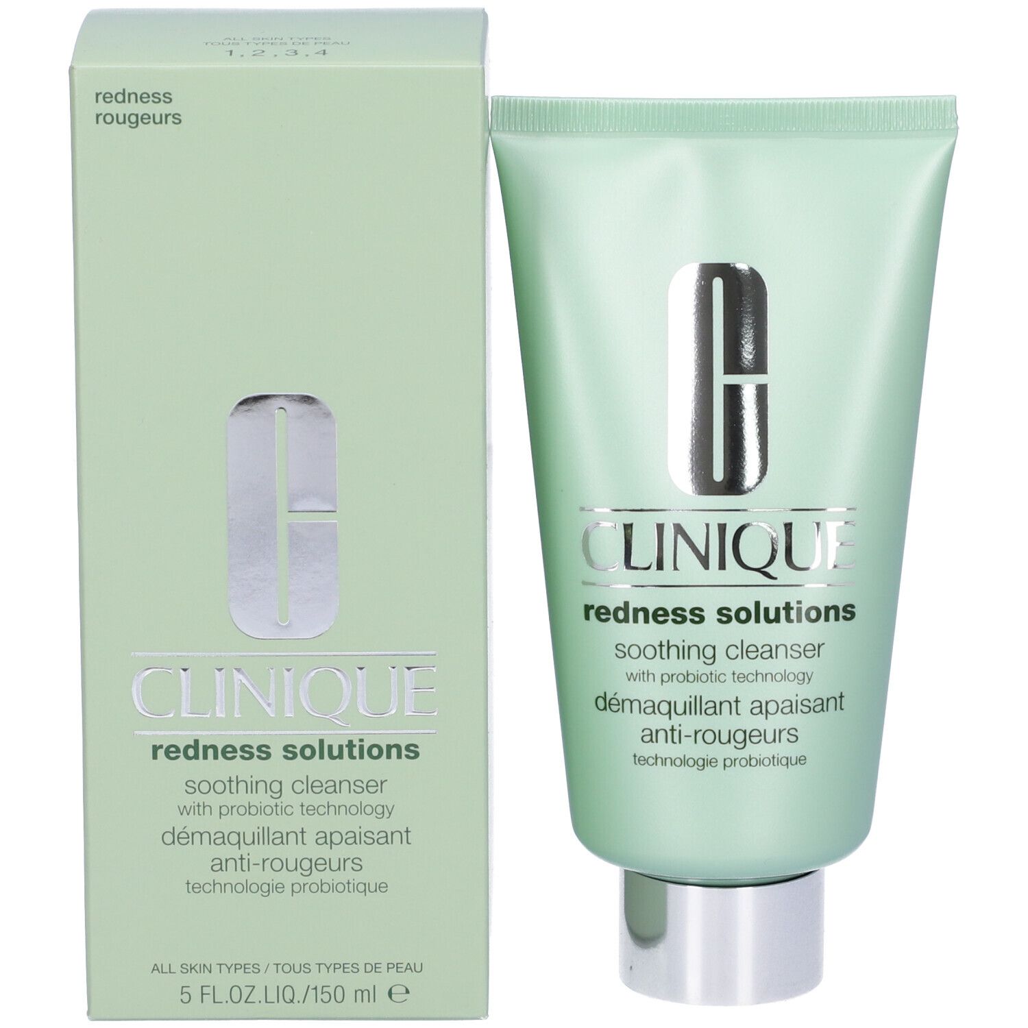 Scatola e tubo verdi. Scritta: Clinique Redness Solutions Soothing Cleanser. Confezione.