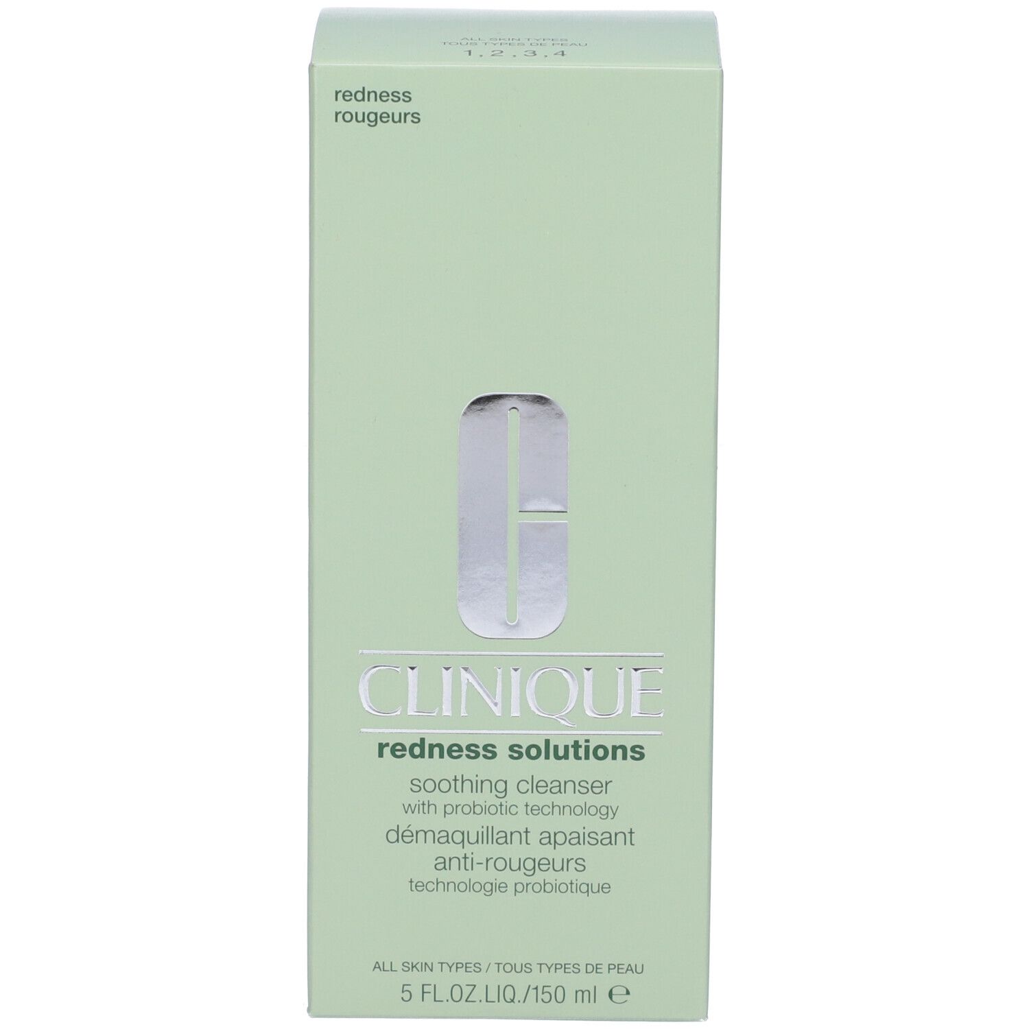 Scatola verde con scritta: Clinique Redness Solutions Soothing Cleanser. Confezione.