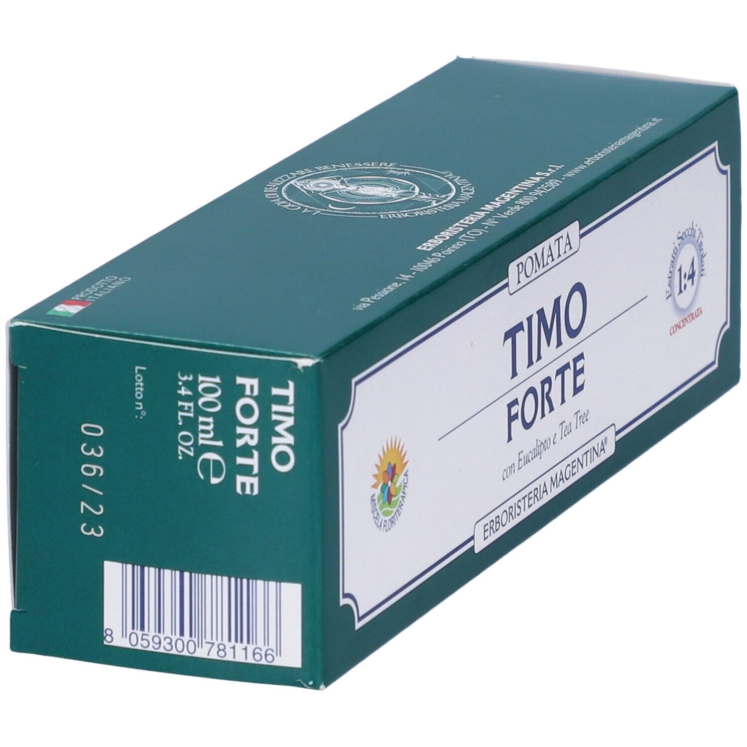 Scatola verde con etichetta bianca. Scritto: Timo Forte, 100 ml. Marchio: Erboristeria Magentina. Codice a barre e numero di lotto.