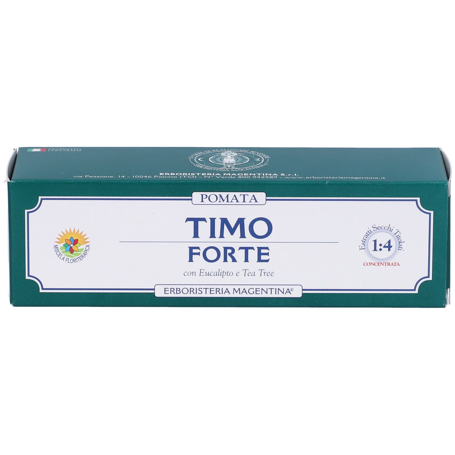 Scatola verde con etichetta bianca. Scritto: Timo Forte, con Eucalipto e Tea Tree. Marchio: Erboristeria Magentina.