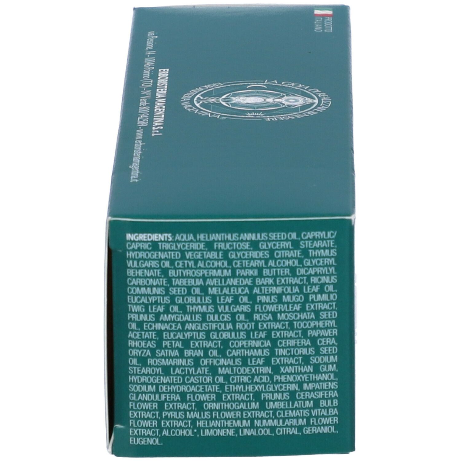 Dettaglio della scatola verde. Testo: ingredienti. Marchio: Erboristeria Magentina. Certificazioni.