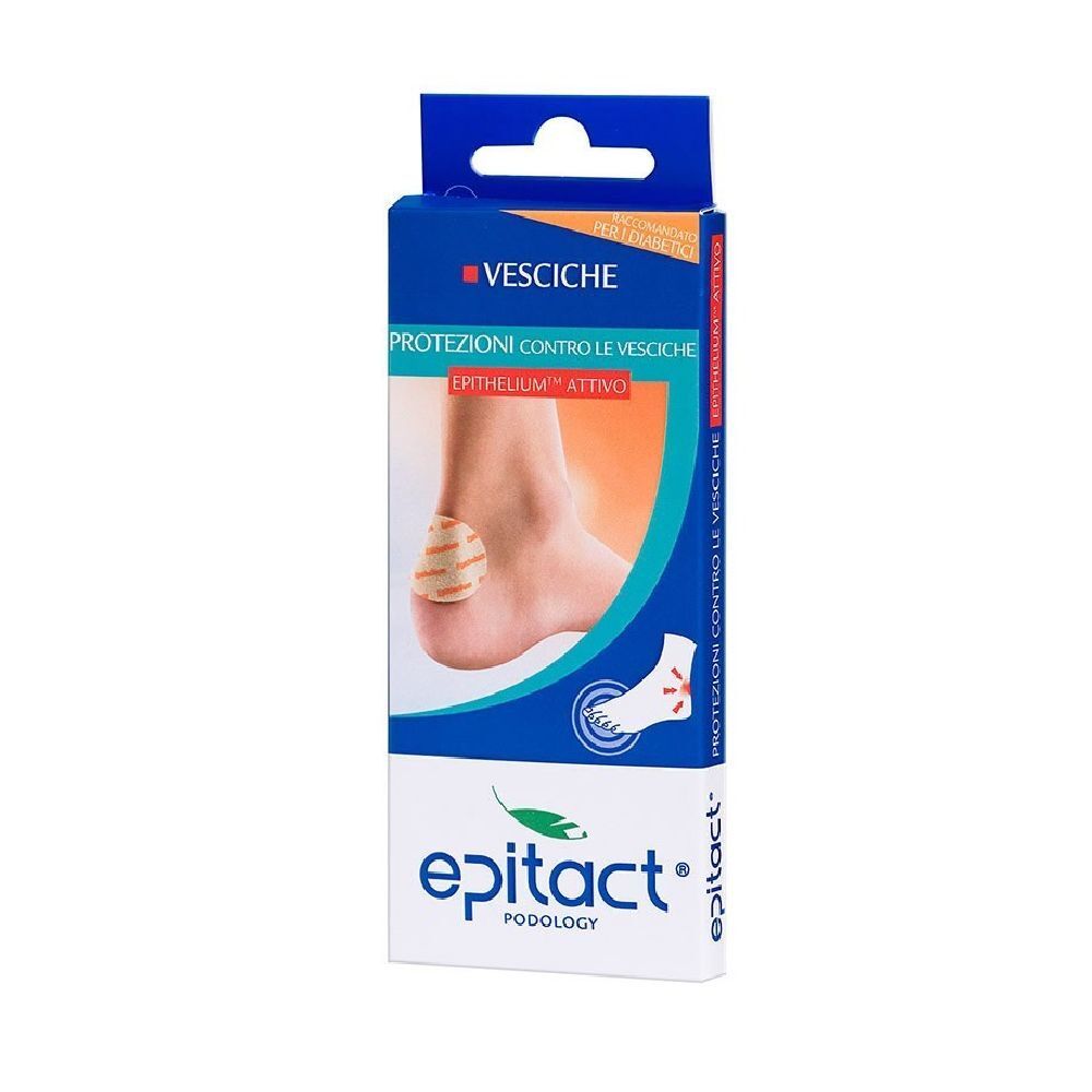 Confezione di protezione Epitact per vesciche. Scatola blu e bianca con immagine del prodotto e nome del marchio.
