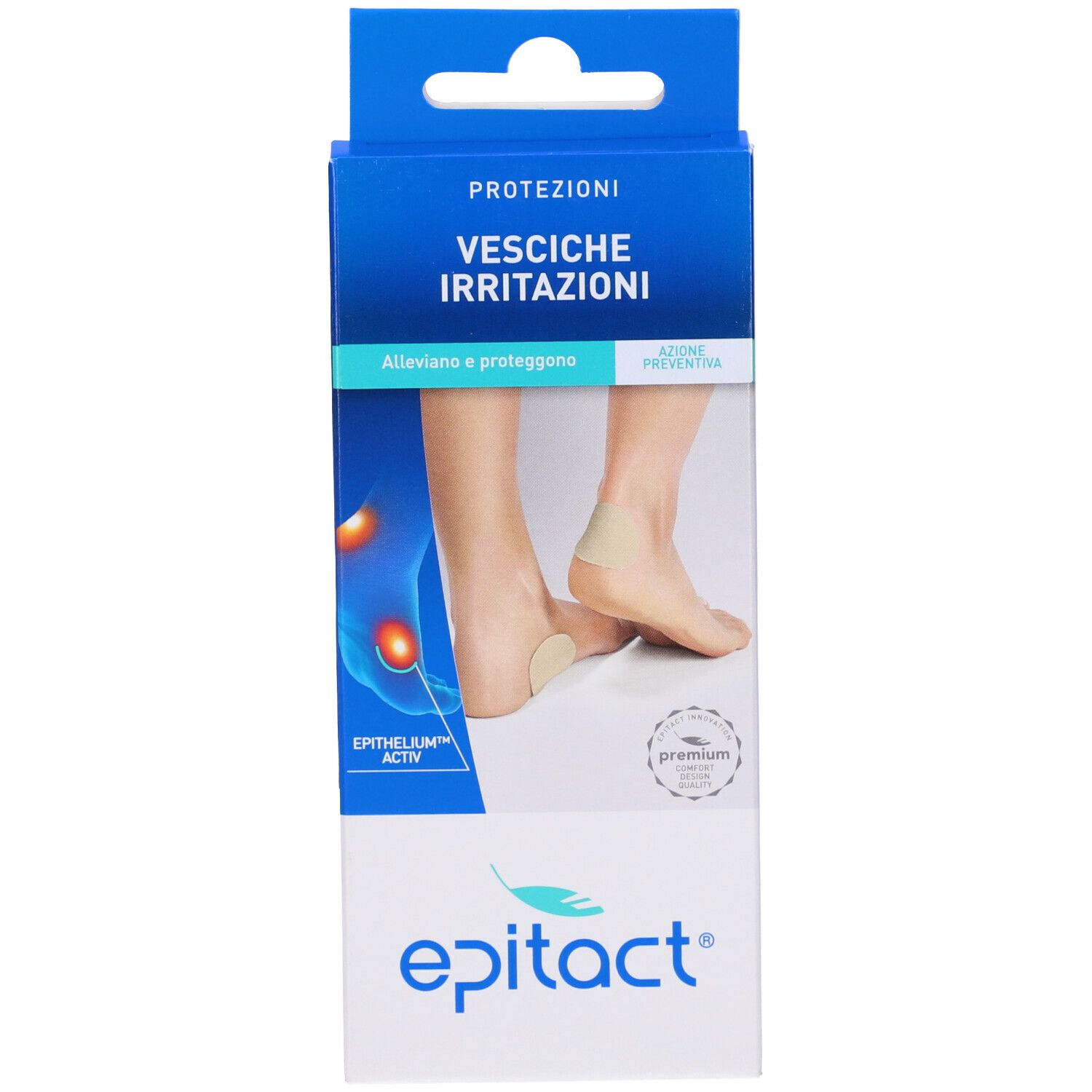 Confezione di protezione Epitact per vesciche. Scatola blu e bianca con immagine del prodotto e nome del marchio.