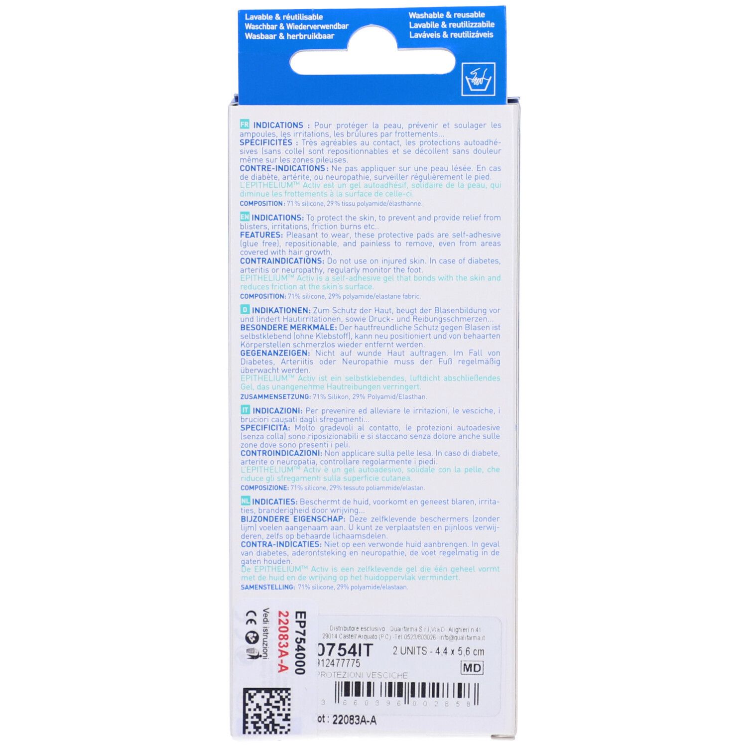 Retro della confezione Epitact. Testo multilingue, informazioni sul prodotto e indicazioni di formato.