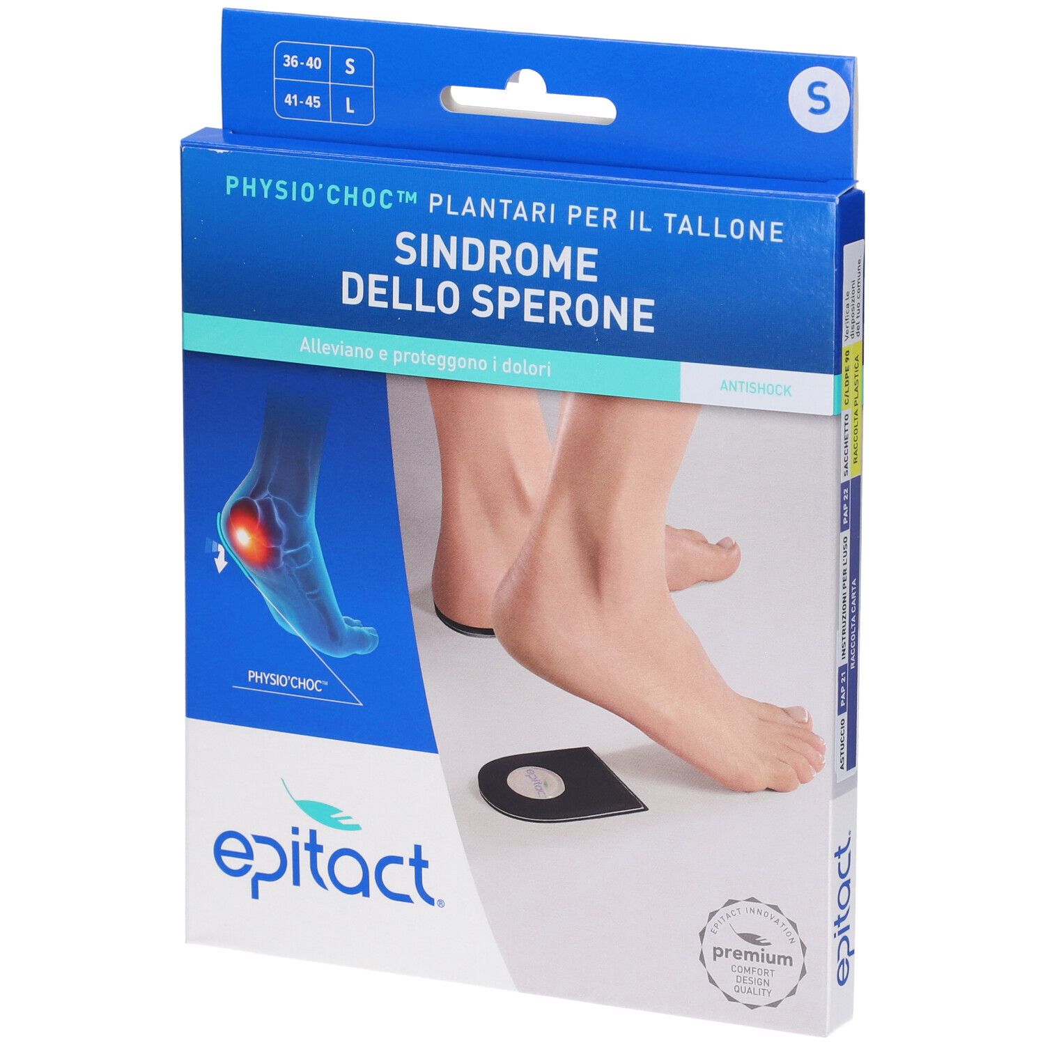 Epitact Fersenkissen-Verpackung mit Größenangabe S und Produktinformationen.