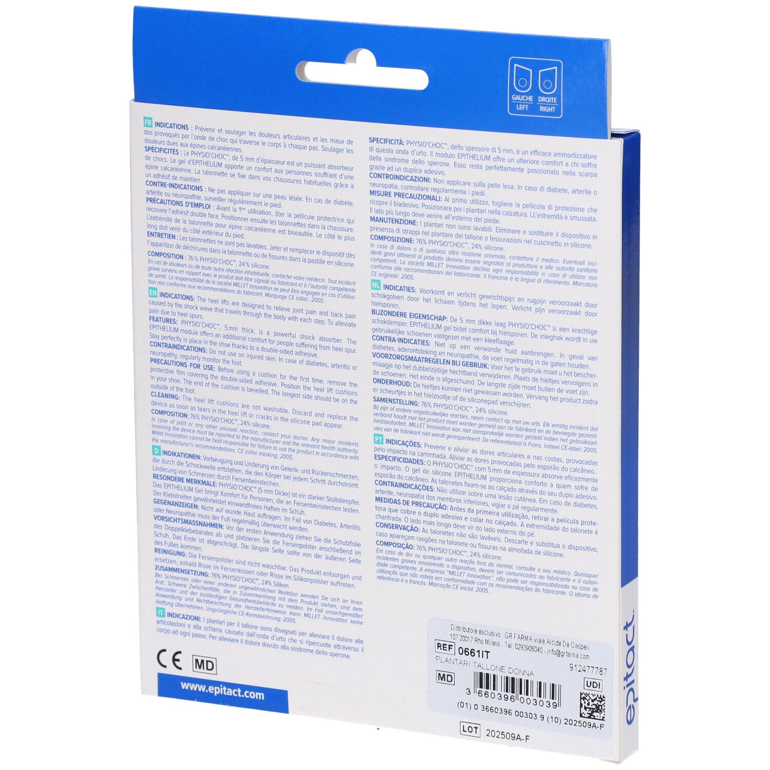 Rückseite der Epitact Fersenkissen-Verpackung mit Anwendungshinweisen und CE-Kennzeichnung.