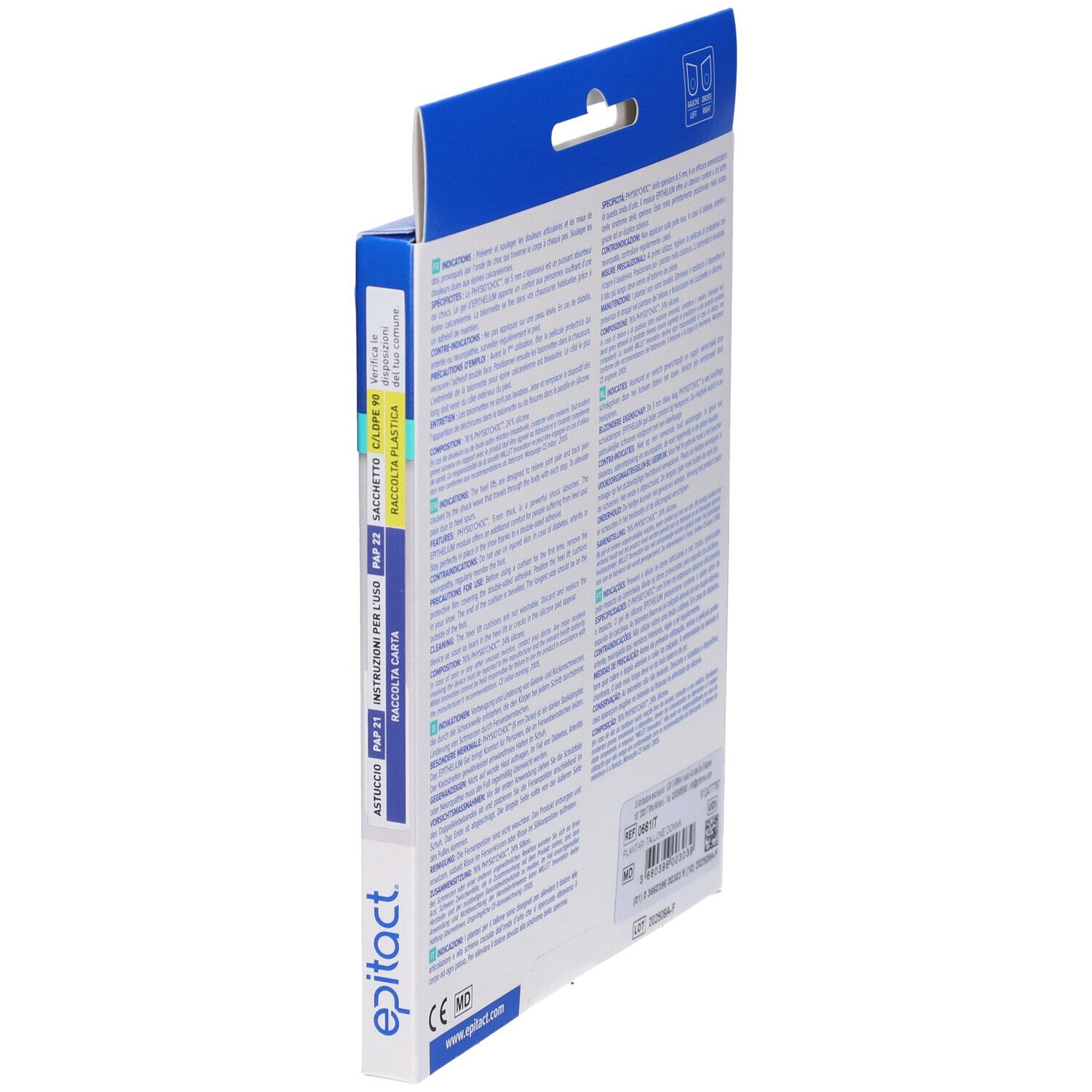 Seitenansicht der Epitact Fersenkissen-Verpackung mit Anwendungshinweisen.