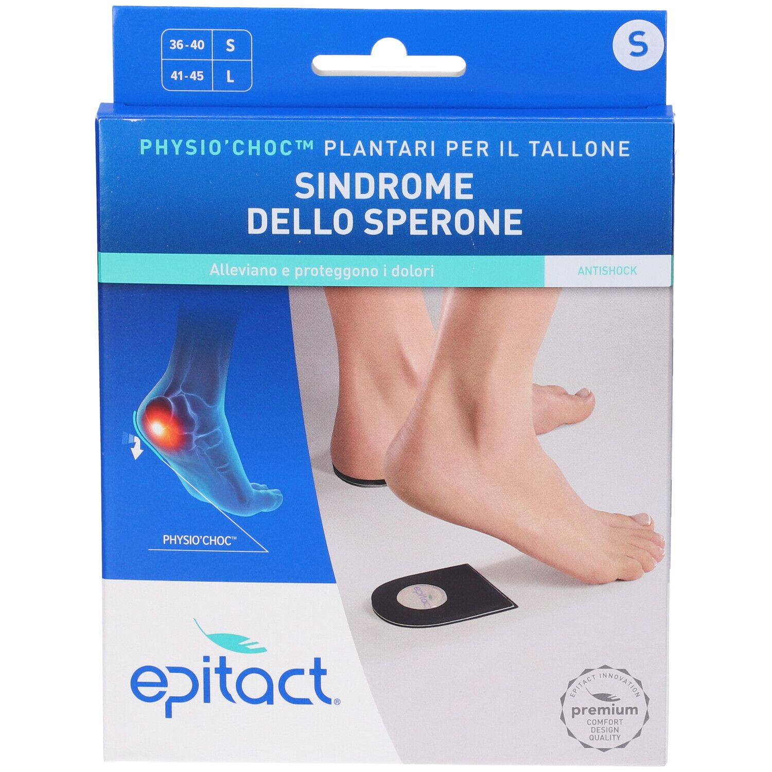 Epitact Fersenkissen-Verpackung mit Größenangabe S und Produktabbildung.