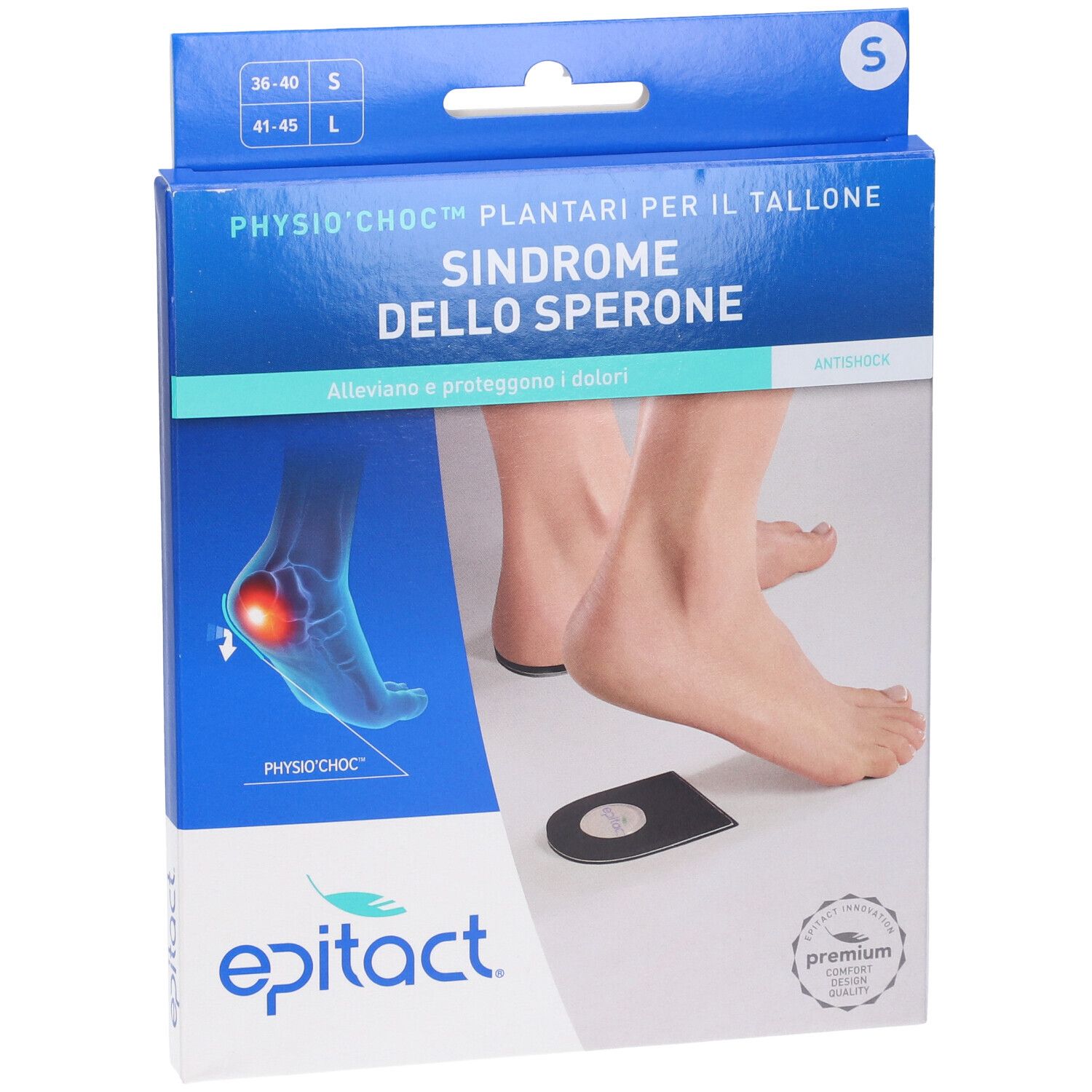 Epitact Fersenkissen-Verpackung mit Größenangabe S und Produktabbildung.