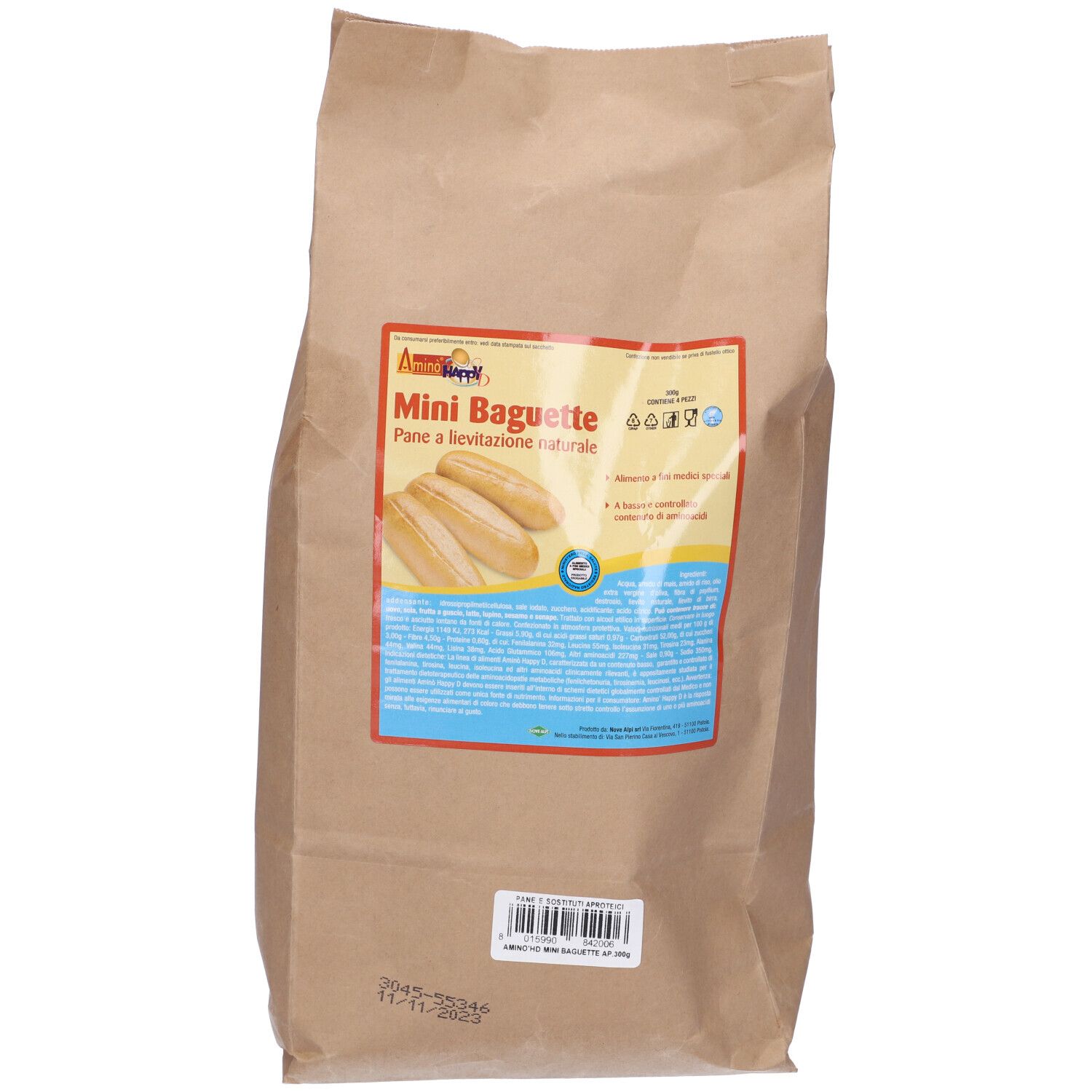 Sacchetto di carta marrone con etichetta. Etichetta con nome del prodotto, immagine di baguette e testo. Sigillo.
