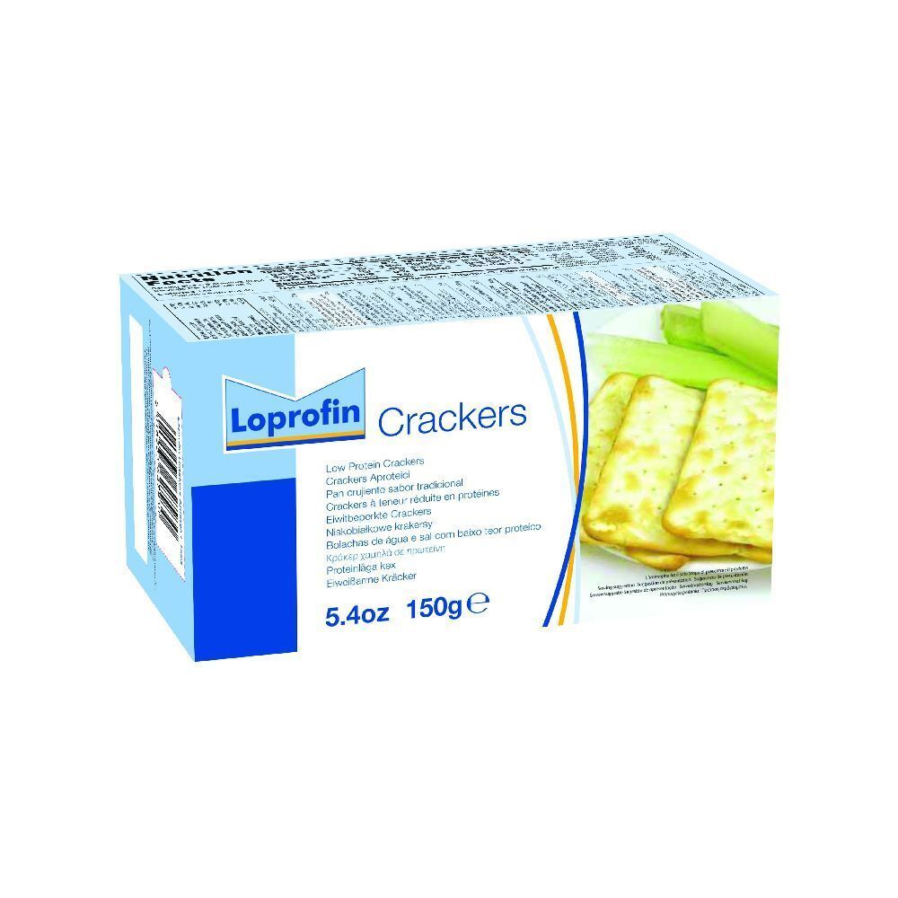 Scatola azzurra con logo Loprofin Crackers. Scritte multilingue. 150g, 5.4oz. Immagine di cracker.