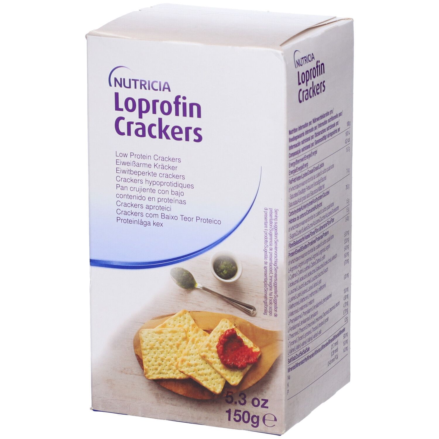 Scatola bianca con logo Loprofin Crackers. Designazioni multilingue. 150g, 5.3oz. Cracker su tagliere.