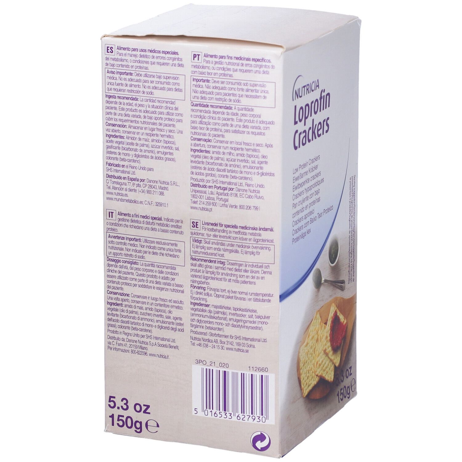 Scatola bianca con testi multilingue. Logo Loprofin Crackers. 150g, 5.3oz. Codice a barre.