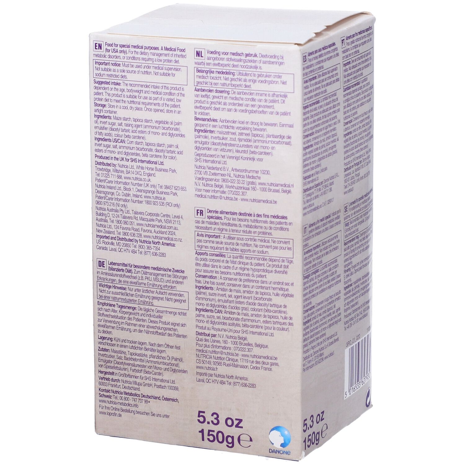 Scatola bianca con testi multilingue. Logo Loprofin Crackers. 150g, 5.3oz.