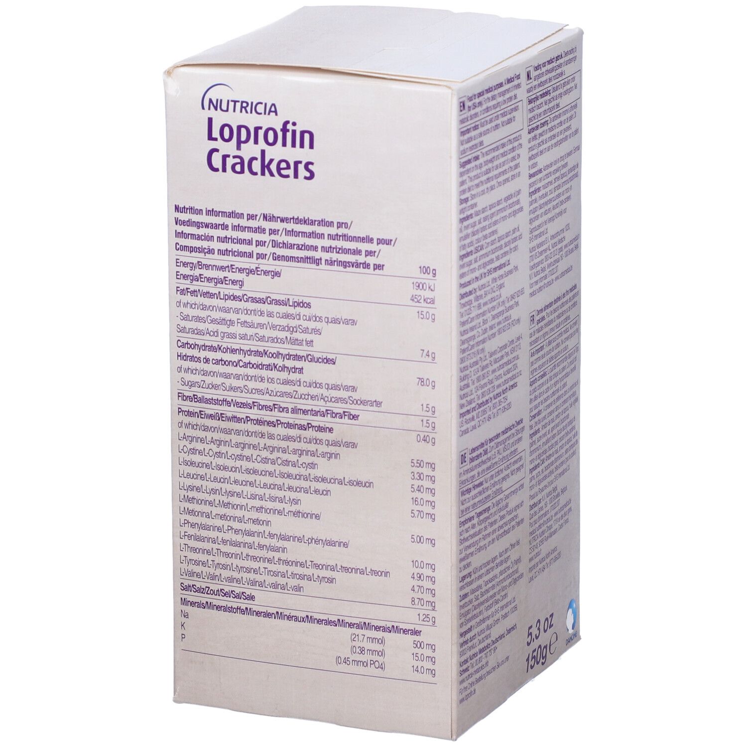 Scatola bianca con informazioni nutrizionali. Logo Loprofin Crackers. 150g, 5.3oz.