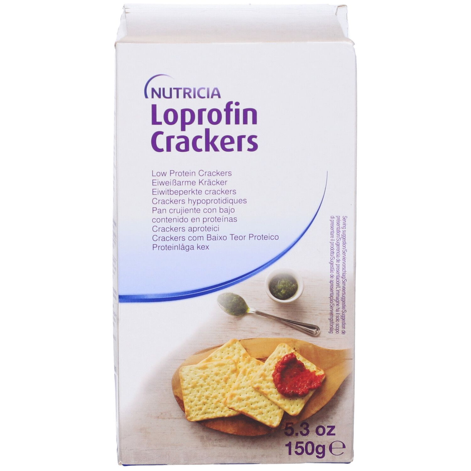Scatola bianca con logo Loprofin Crackers. Designazioni multilingue. 150g, 5.3oz. Cracker su tagliere.