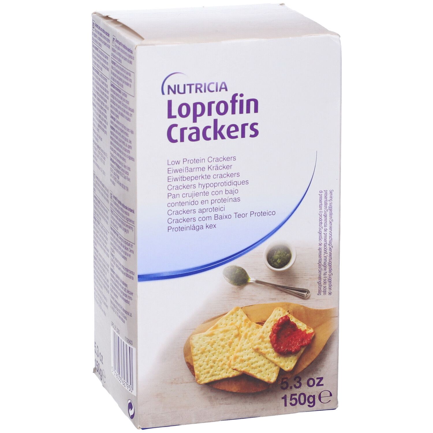 Scatola bianca con logo Loprofin Crackers. Designazioni multilingue. 150g, 5.3oz. Cracker su tagliere.