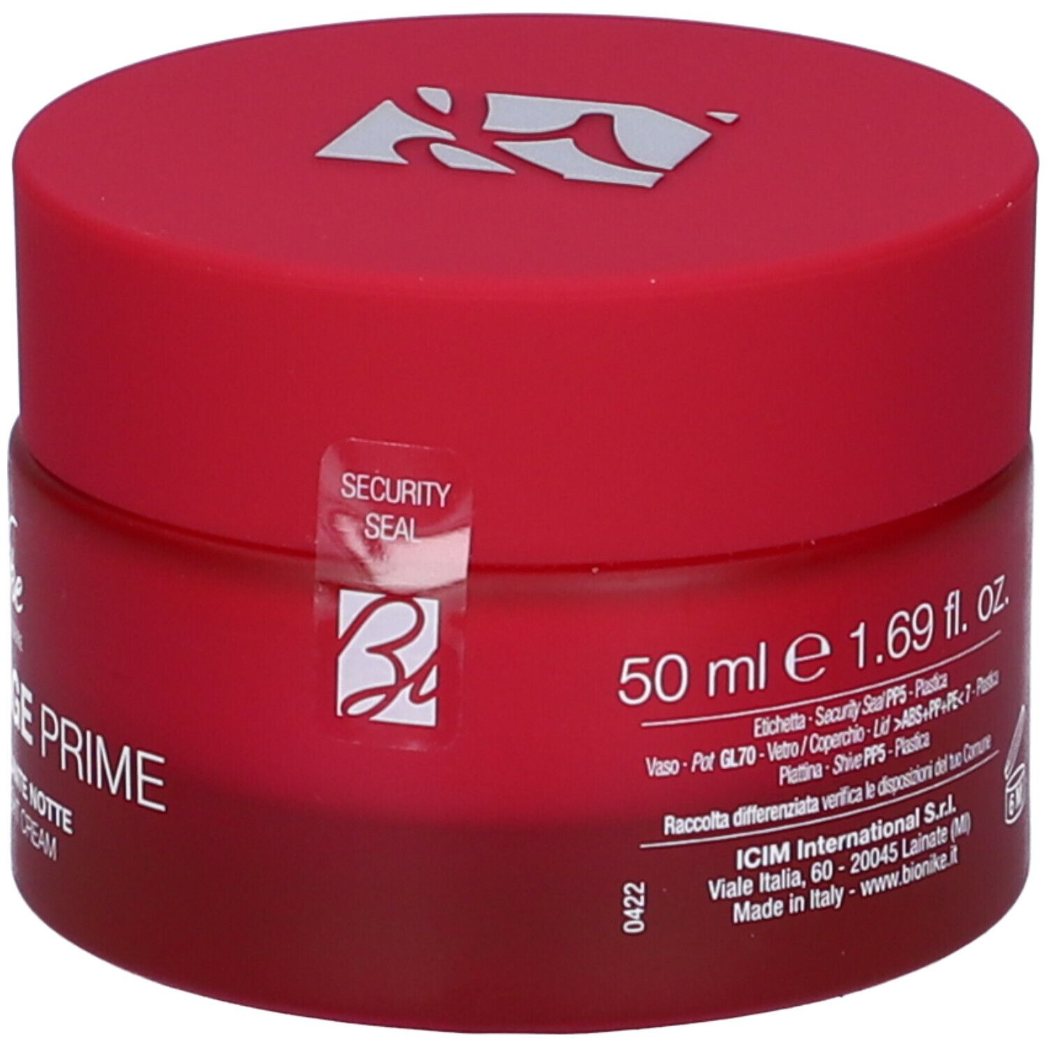 Rote Creme-Dose mit weißem Deckel. Text: 50 ml, 1.69 fl. oz. und Creme Prime Nuit.