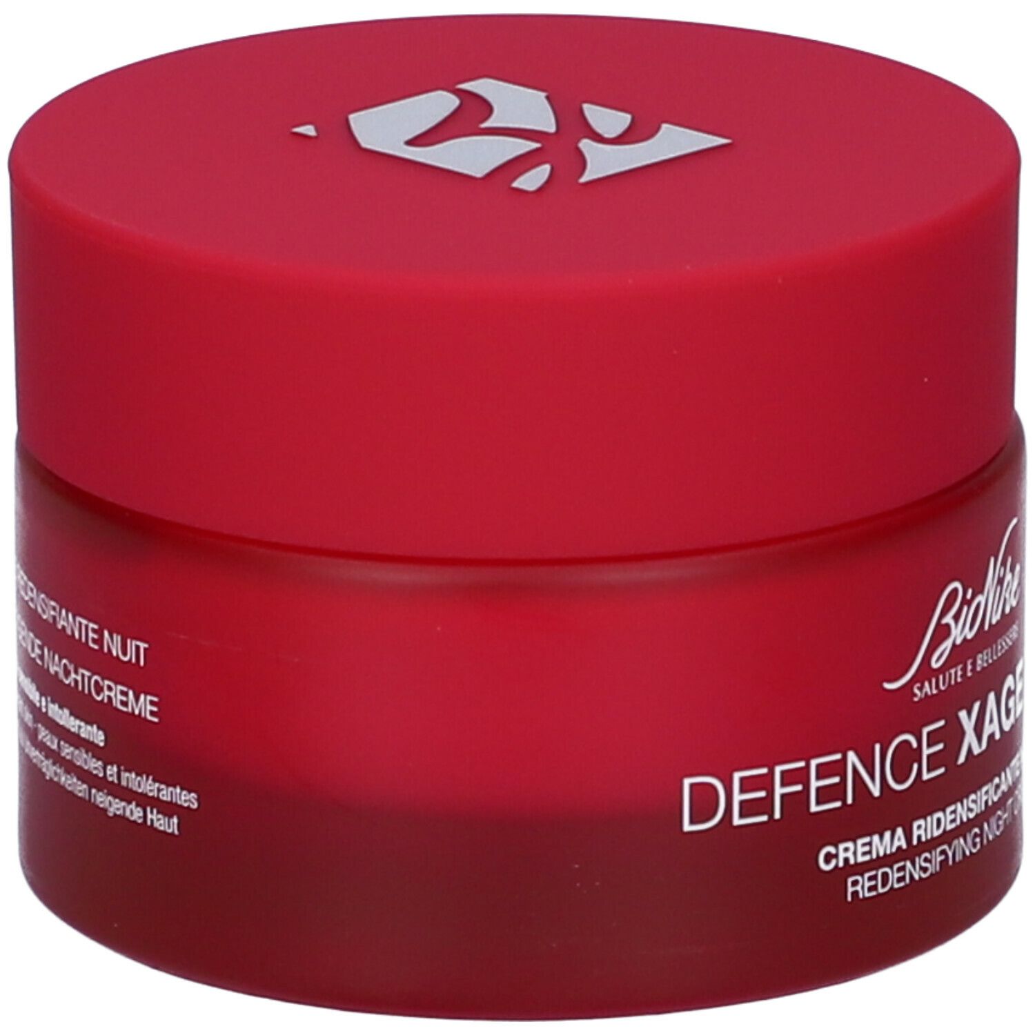 Rote Creme-Dose mit weißem Deckel. Text: BioNike Defence Xage, Creme Ridensificante Notte.