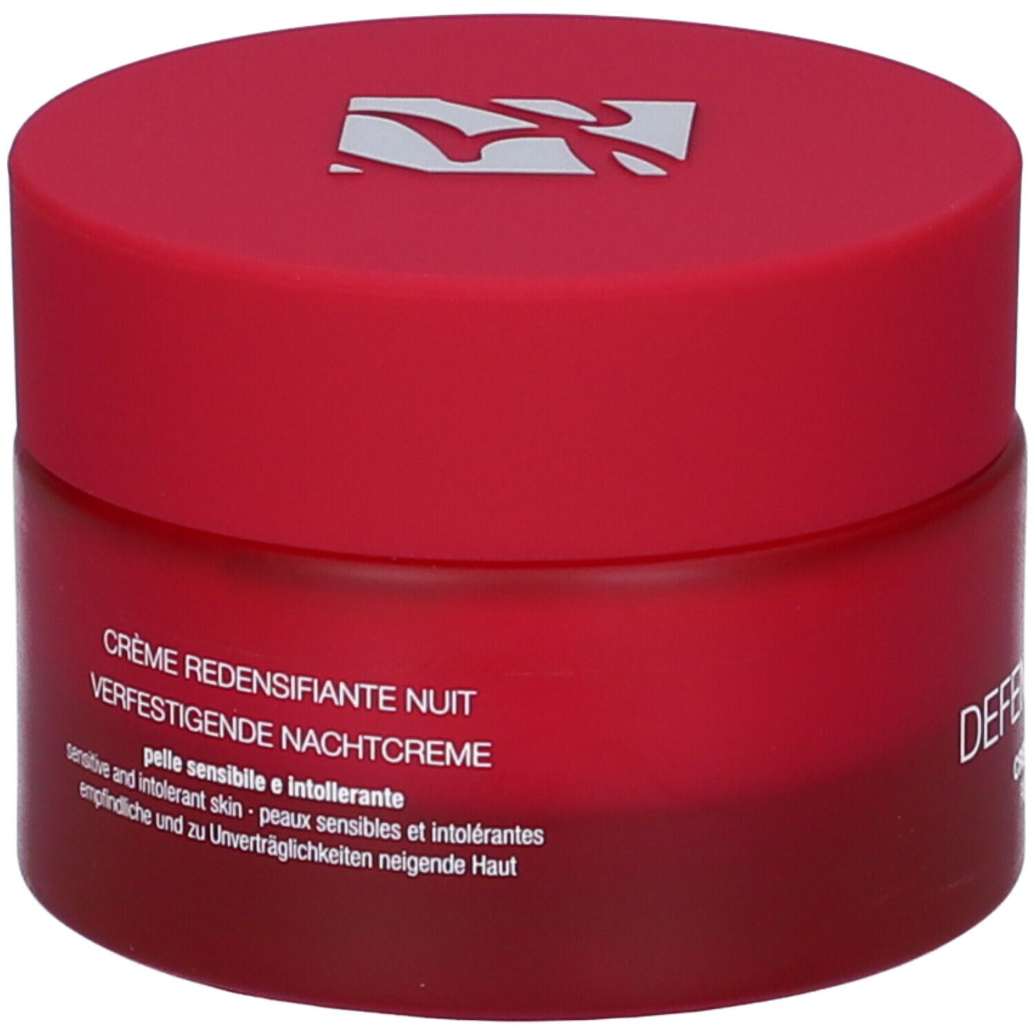 Rote Creme-Dose mit weißem Deckel. Text: Creme Redensificante Nuit, für empfindliche Haut.