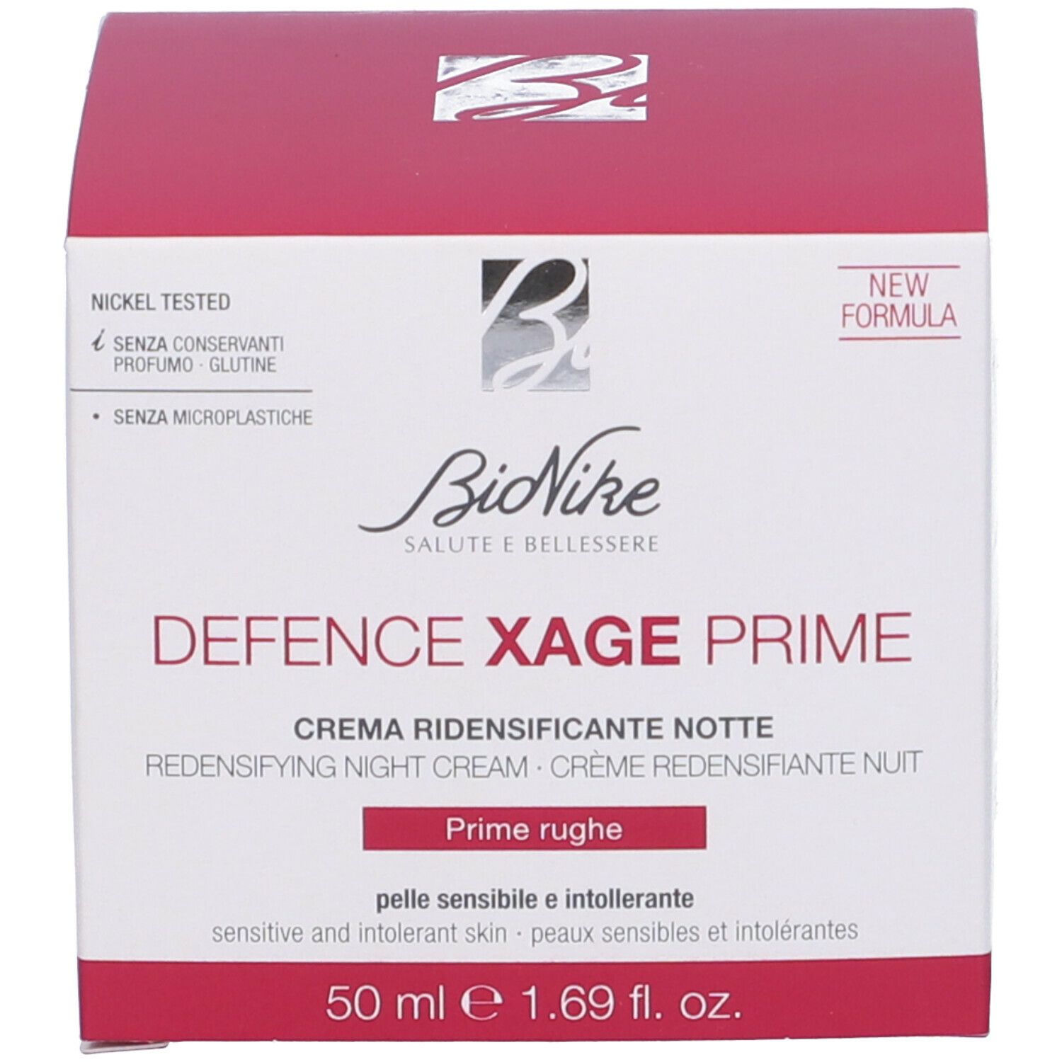Produktverpackung. Text: BioNike Defence Xage Prime, Creme Ridensificante Notte, 50 ml, Nickel Tested.