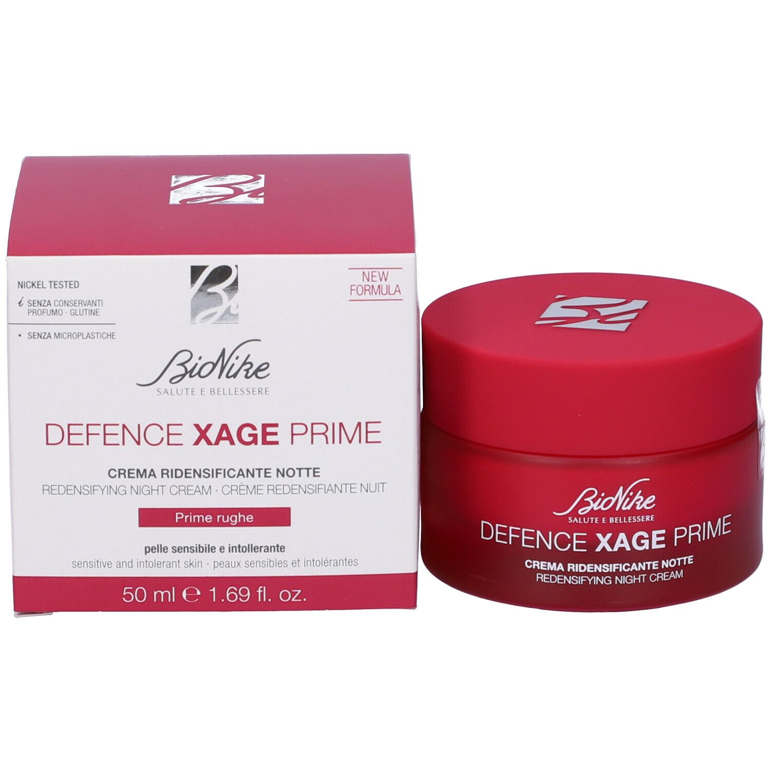 Produktverpackung mit roter Creme-Dose. Text: BioNike Defence Xage Prime, Creme Ridensificante Notte, 50 ml.