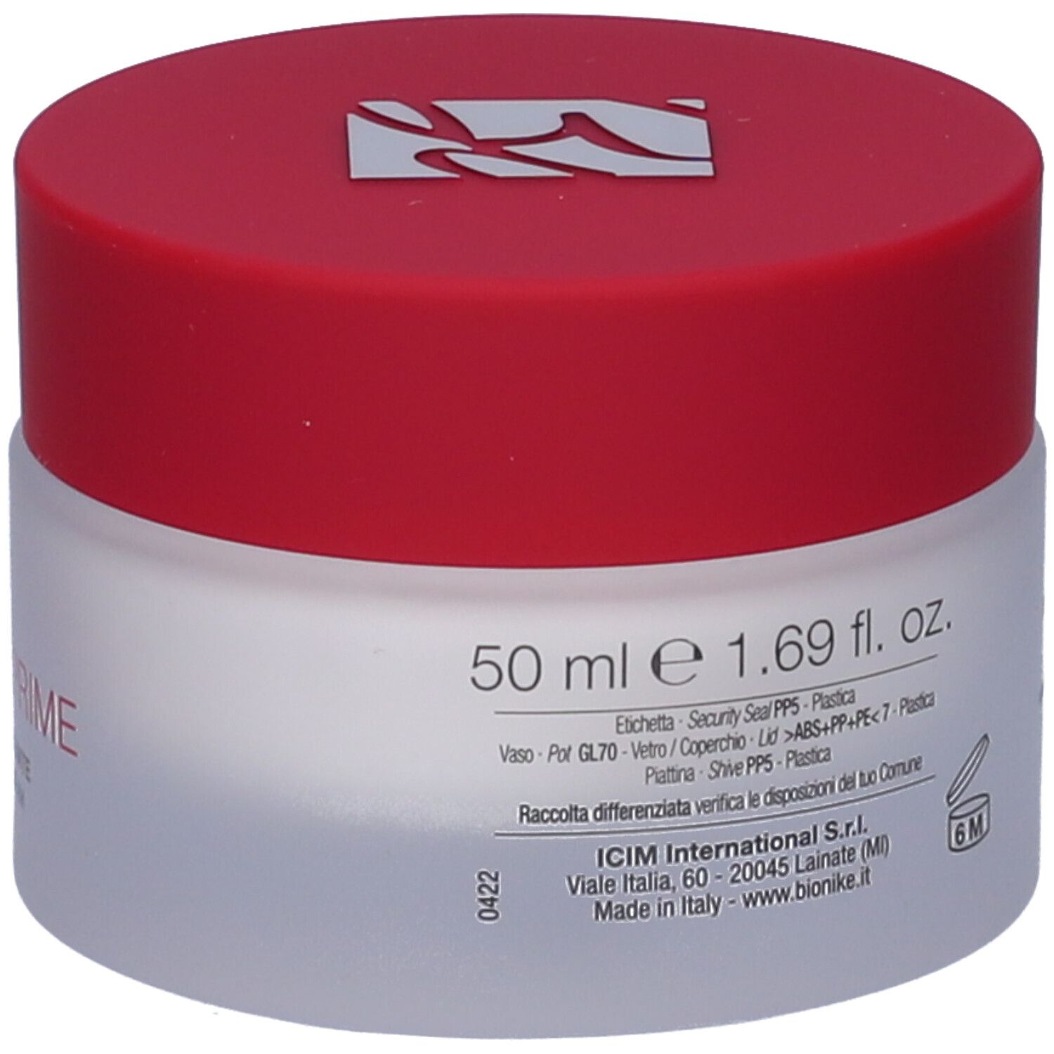 Creme-Glas mit rotem Deckel. Aufschrift: 50 ml e 1.69 fl. oz. Mit Informationen. Weißes Glas, roter Deckel.