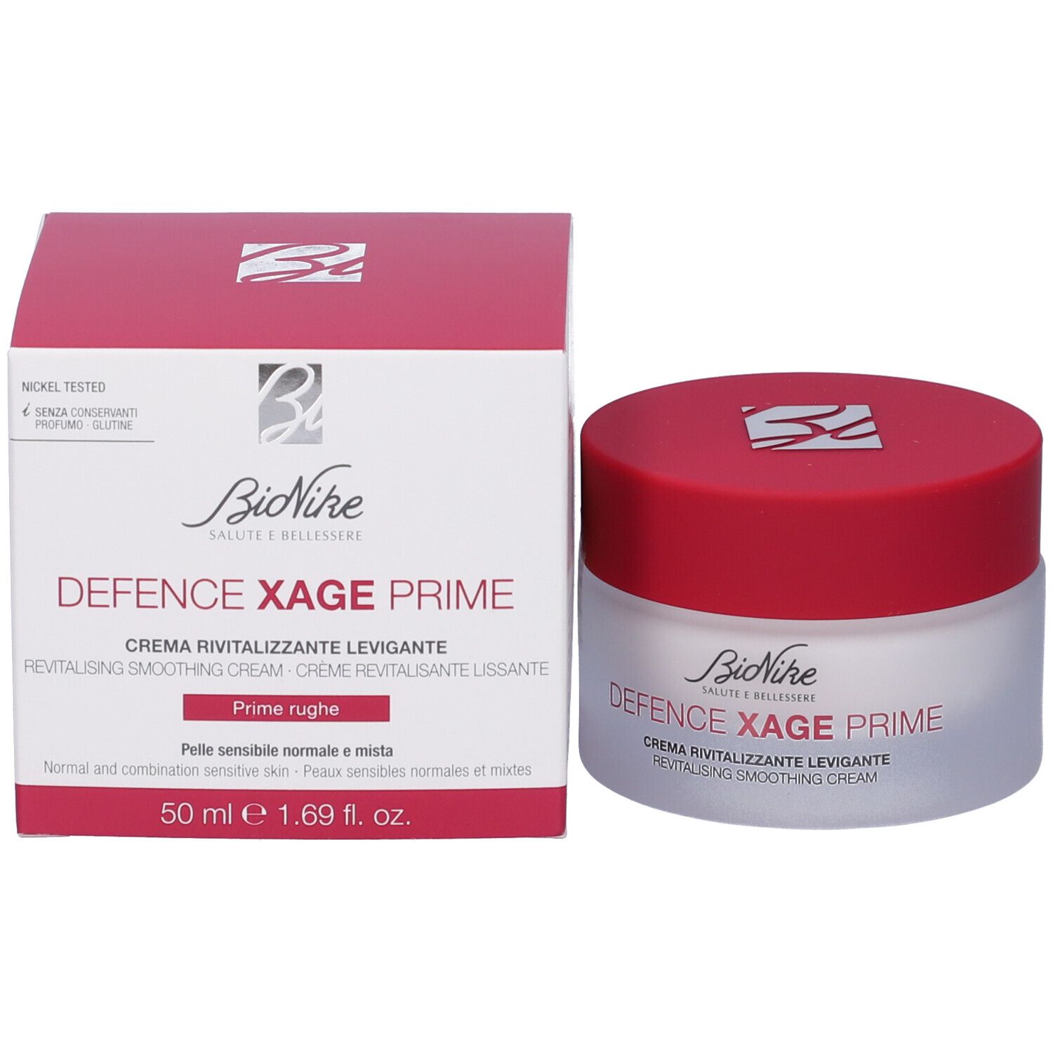 Produktverpackung und Creme-Glas. Aufschrift: BioNike, Defence Xage Prime, Creme Revitalisante Levigante. 50 ml. Rote und weiße Verpackung.