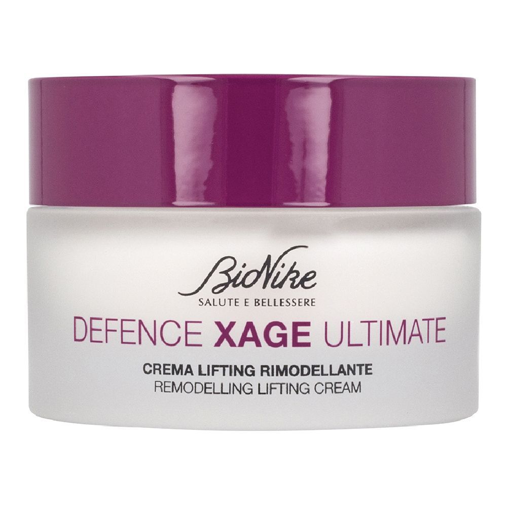 Vaso di crema con coperchio viola. Scritta: BioNike Defence Xage Ultimate, Crema Lifting Rimodellante.