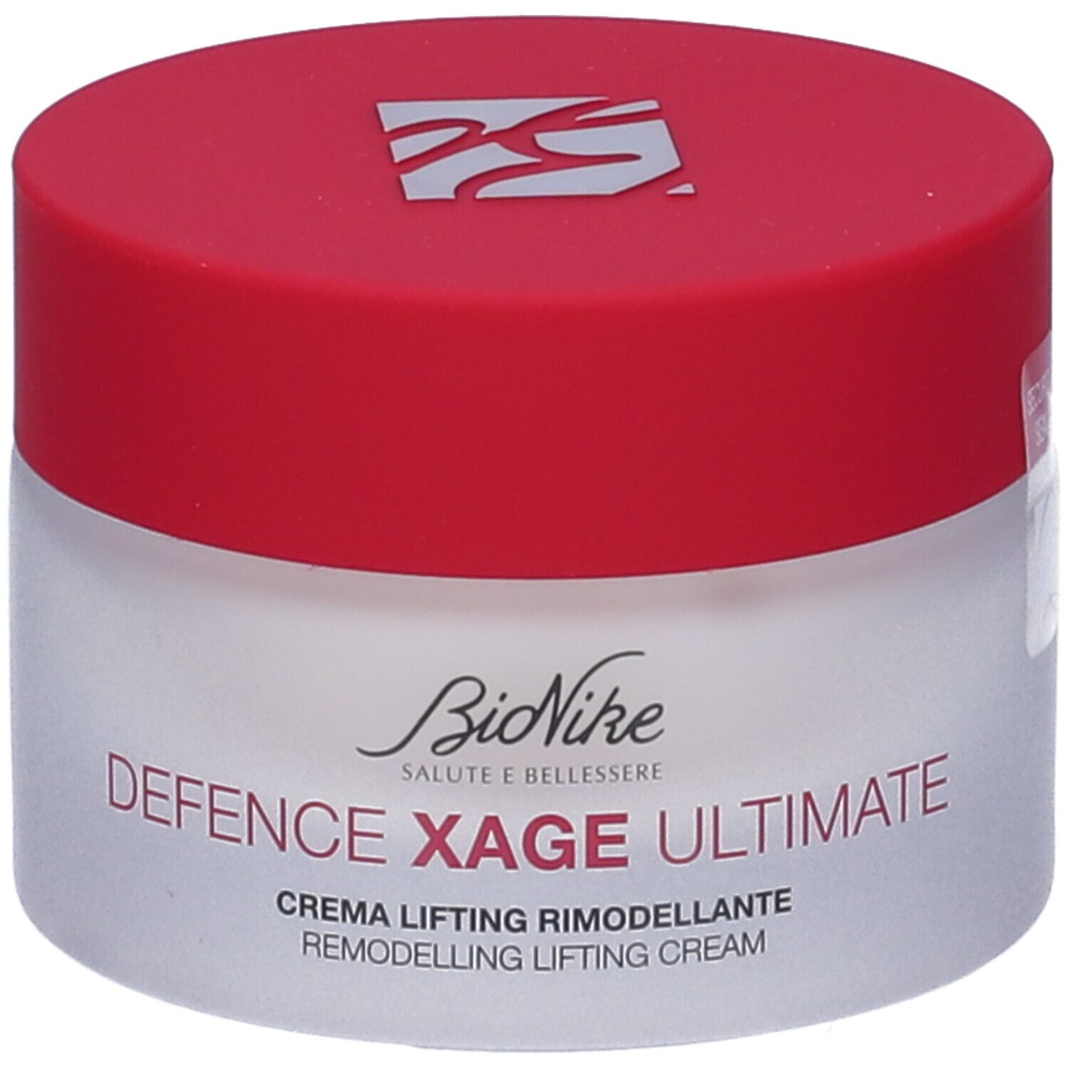 Vaso di crema con coperchio rosso. Scritta: BioNike Defence Xage Ultimate, Crema Lifting Rimodellante.