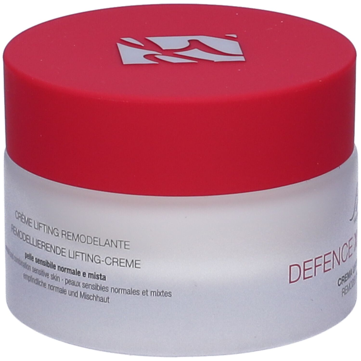 Vaso di crema con coperchio rosso. Scritta: Crema Lifting Rimodellante. Per pelli sensibili.