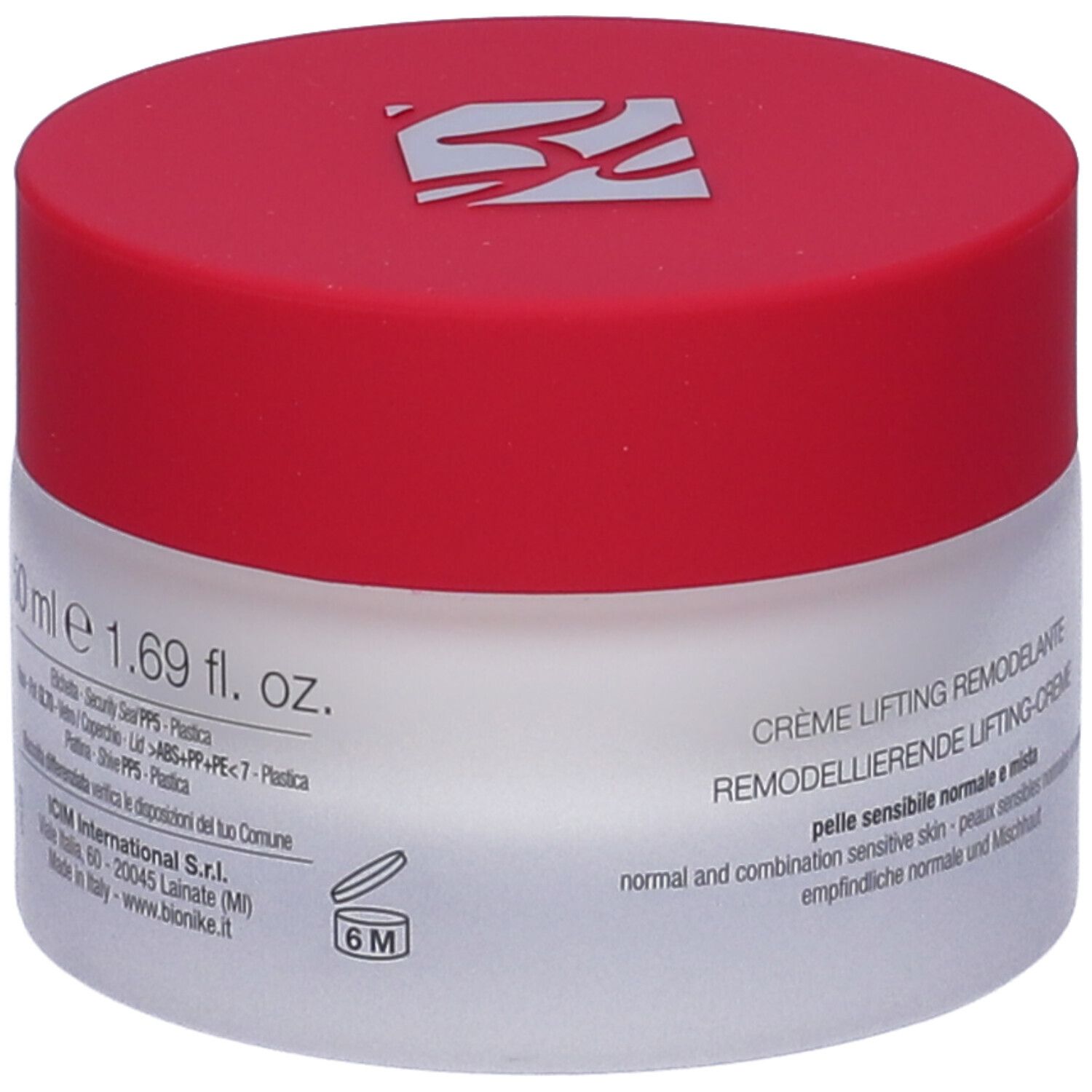 Vaso di crema con coperchio rosso. Scritta: Crema Lifting Rimodellante. 50 ml.