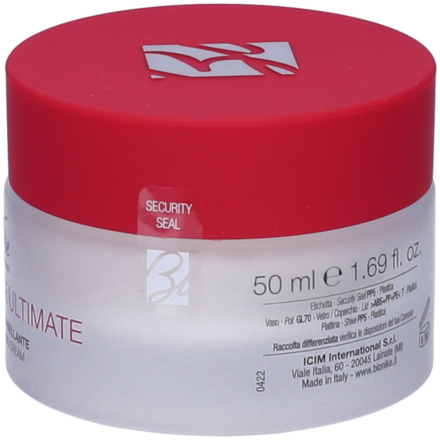 Vaso di crema con coperchio rosso. Scritta: 50 ml. Sigillo di sicurezza.