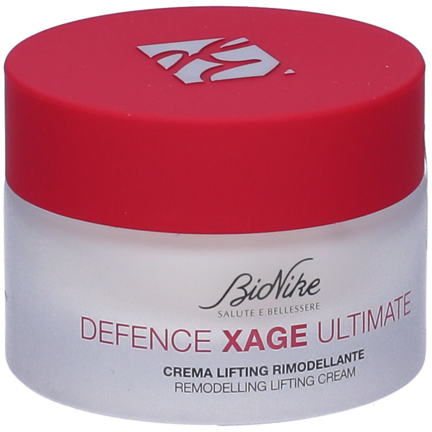 Vaso di crema con coperchio rosso. Scritta: BioNike Defence Xage Ultimate, Crema Lifting Rimodellante.