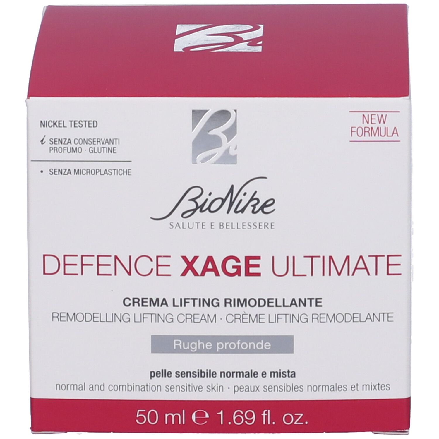 Scatola. Scritta: BioNike Defence Xage Ultimate, Crema Lifting Rimodellante. 50 ml.