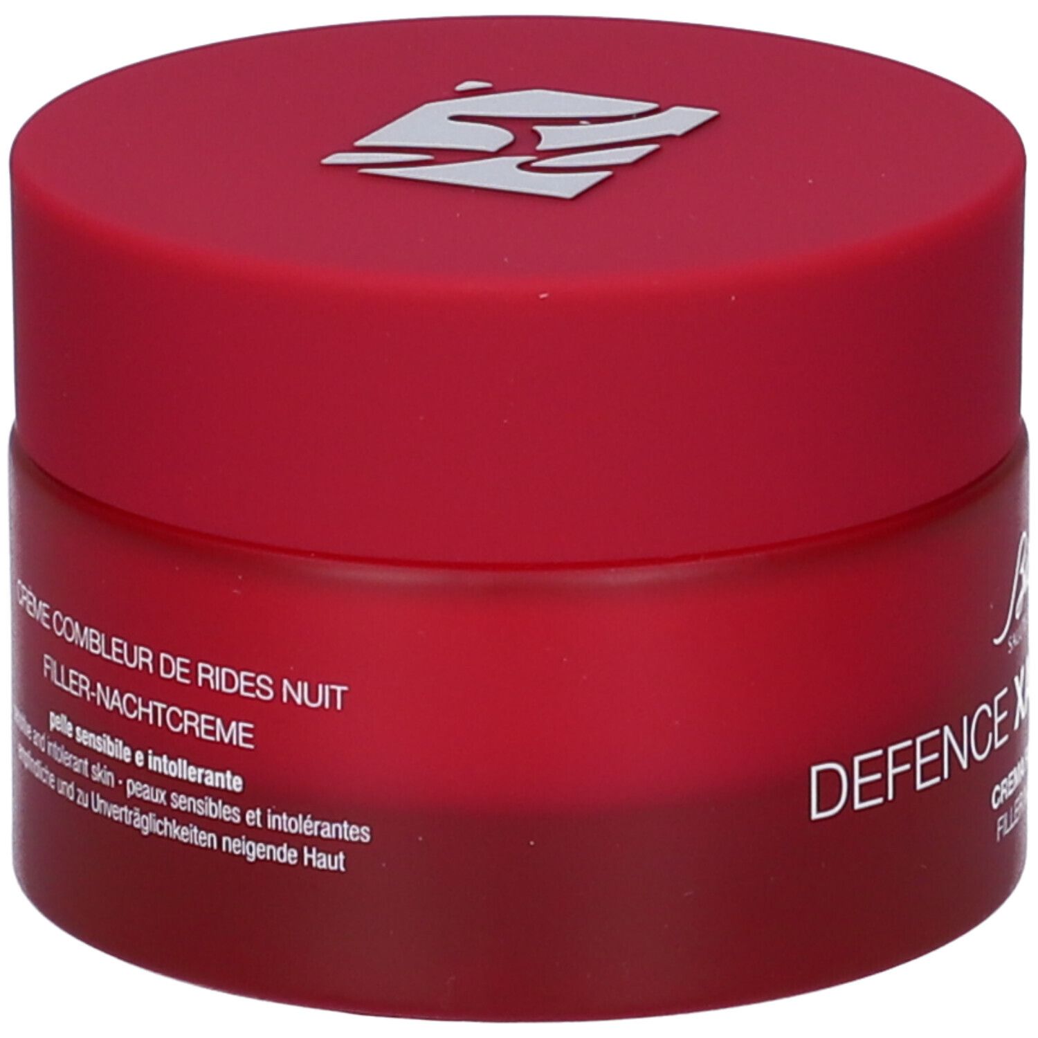 Rote Creme-Dose mit Deckel. Aufschrift: Crème combleur de rides nuit, Filler-Nachtcreme. Für sensible und intolerante Haut.