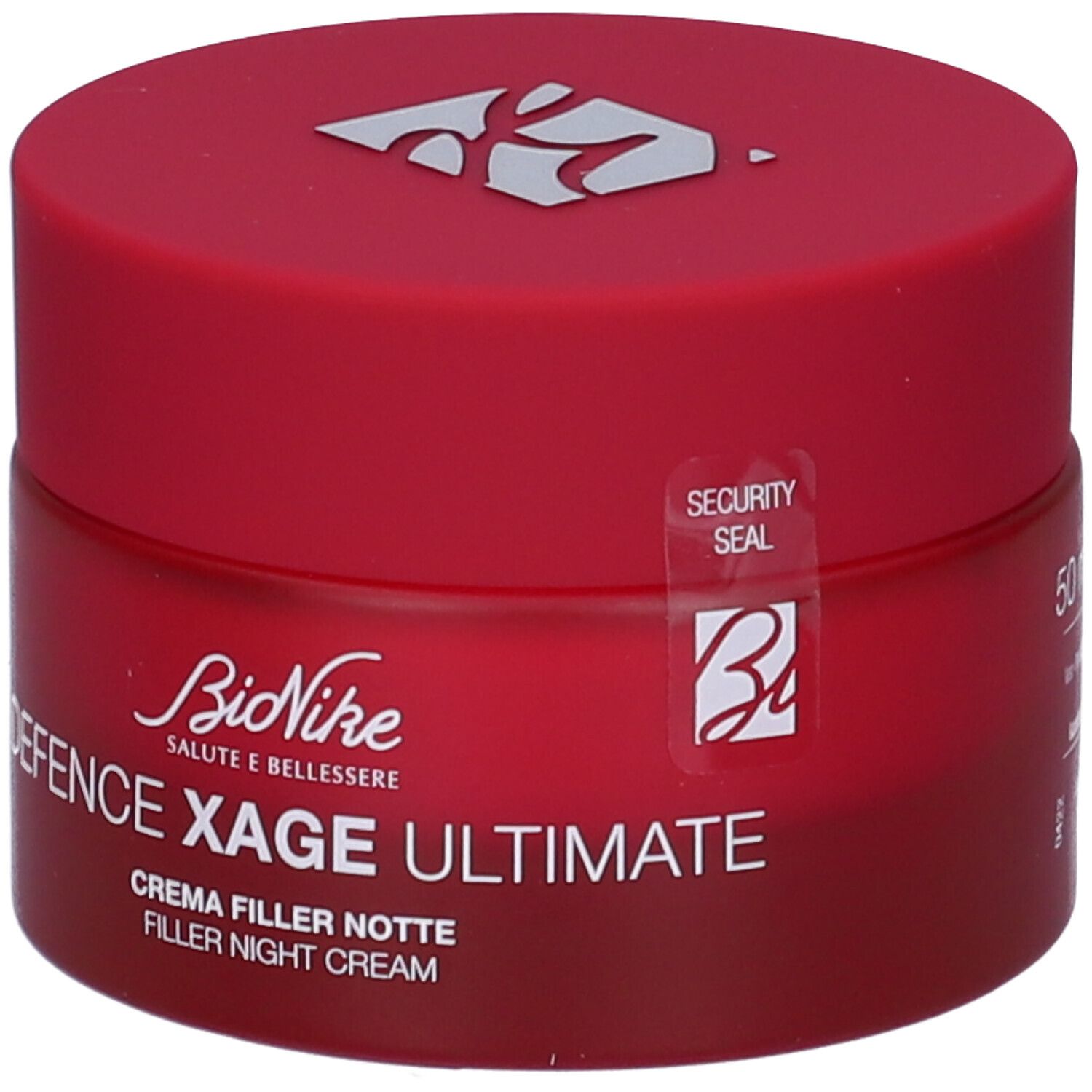 Rote Creme-Dose mit Deckel. Aufschrift: BioNike, Defence Xage Ultimate, Crema Filler Notte, Filler Night Cream. Sicherheitsverschluss.