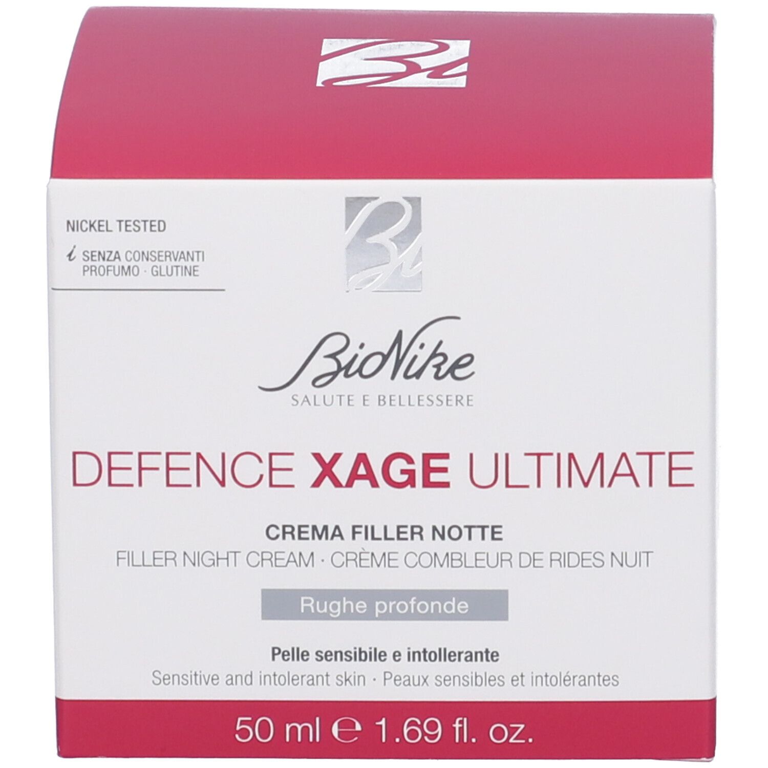 Produktverpackung. Aufschrift: BioNike, Defence Xage Ultimate, Crema Filler Notte, Crème combleur de rides nuit. 50 ml.