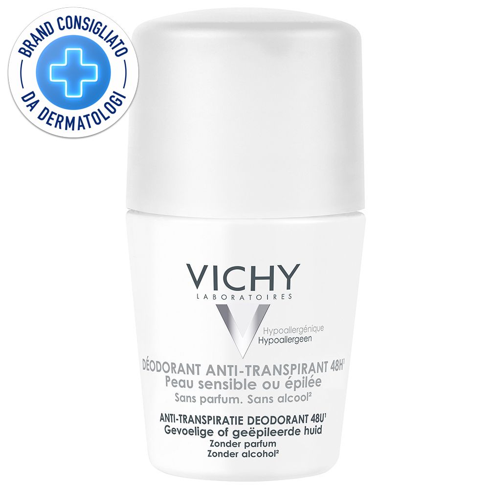 Déodorant roll-on blanc avec bouchon. Inscription : VICHY, Anti-transpirant 48H. Logo : Brand Consigliato da Dermatologi.