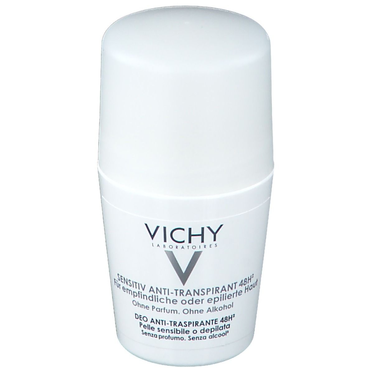 Déodorant roll-on blanc avec bouchon. Inscription : VICHY, Sensitiv Anti-Transpirant 48H. Sans parfum, sans alcool.