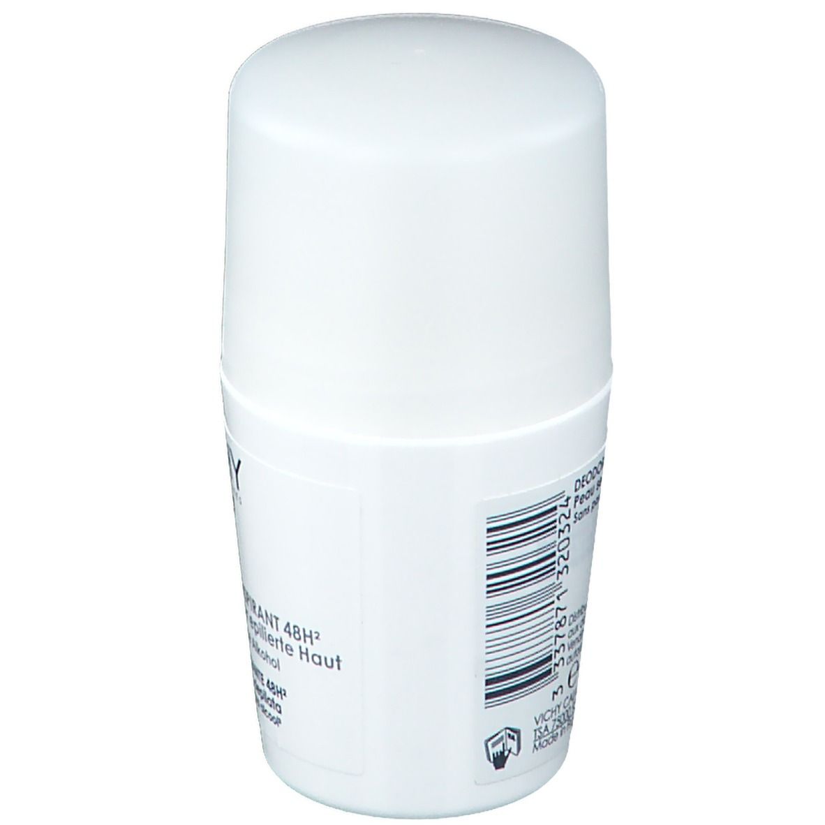 Déodorant roll-on blanc avec bouchon. Inscription : VICHY, Sensitiv Anti-Transpirant 48H. Sans parfum, sans alcool.