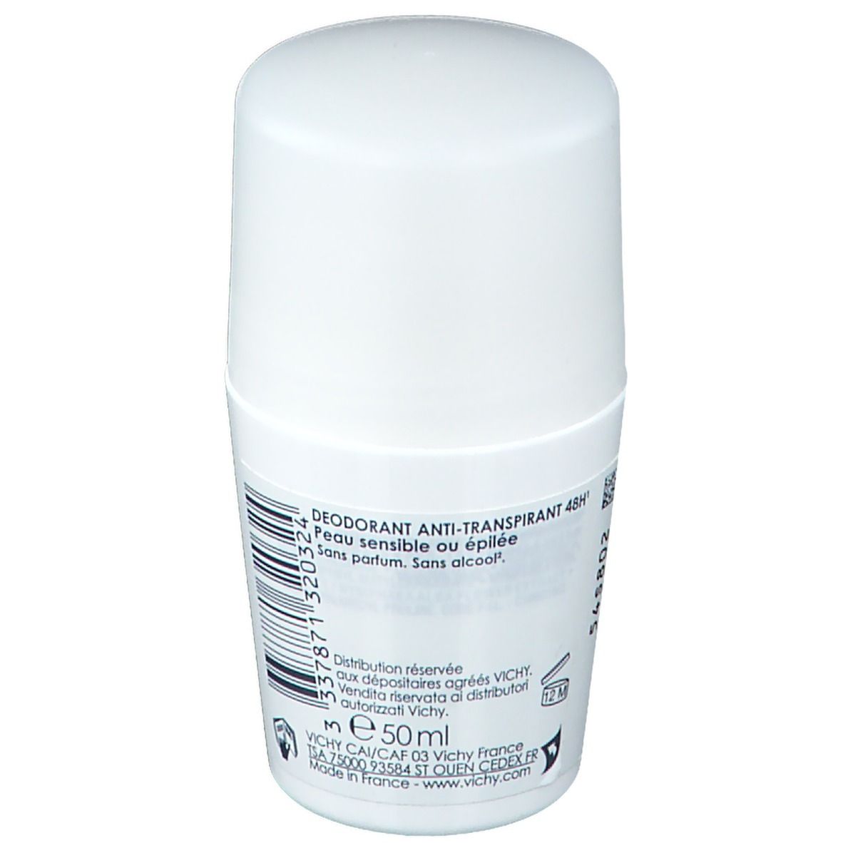 Déodorant roll-on blanc avec bouchon. Inscription : VICHY, Sensitiv Anti-Transpirant 48H. Sans parfum, sans alcool.
