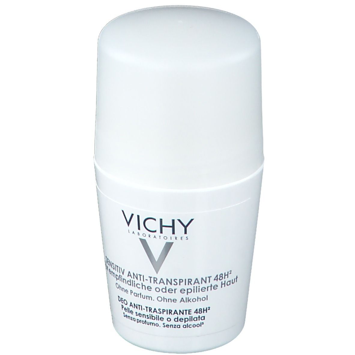 Déodorant roll-on blanc avec bouchon. Inscription : VICHY, Sensitiv Anti-Transpirant 48H. Sans parfum, sans alcool.