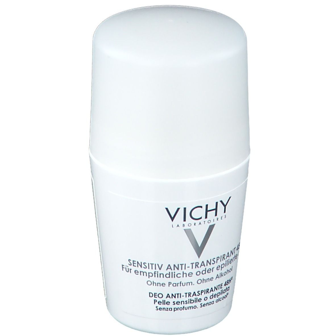 Déodorant roll-on blanc avec bouchon. Inscription : VICHY, Sensitiv Anti-Transpirant 48H. Sans parfum, sans alcool.
