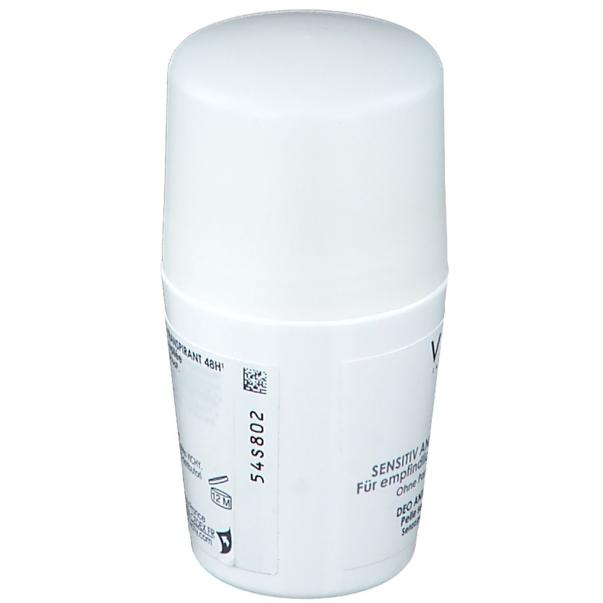 Déodorant roll-on blanc avec bouchon. Inscription : VICHY, Sensitiv Anti-Transpirant 48H. Sans parfum, sans alcool.