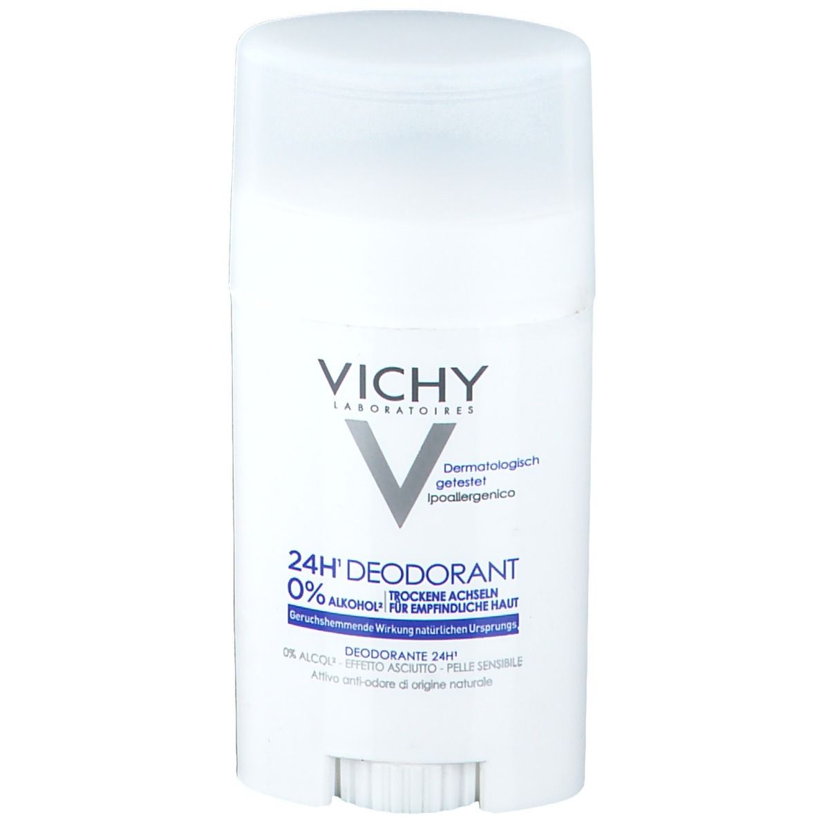 Stick deodorante bianco con testo blu. Scritta: Vichy, 24H Deodorant, 0% Alcool, ascelle asciutte. Testato dermatologicamente.