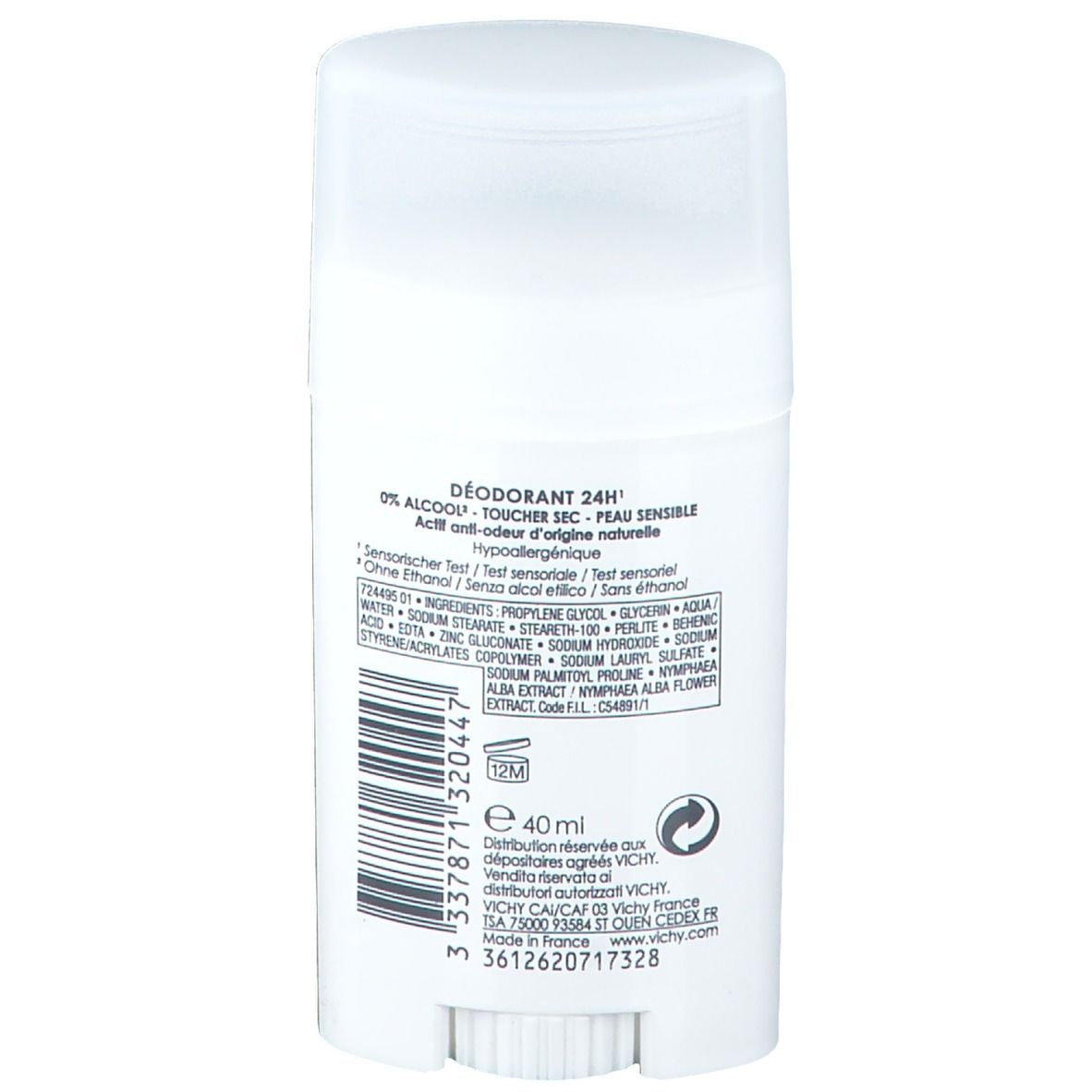 Stick deodorante bianco, retro con testo e codice a barre. Scritta: 0% Alcool, Toucher Sec, Peau Sensible. Ingredienti e informazioni produttore.